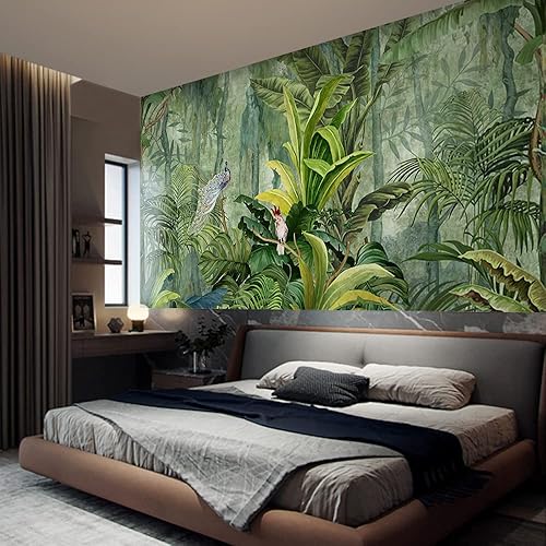 Miniatura 6 de Papel tapiz de bosque tropical de selva tropical de 151 x 105 pulgadas, papel tapiz 3D de hoja de plátano botánico, autoadhesivo, pavo real, pájaro,