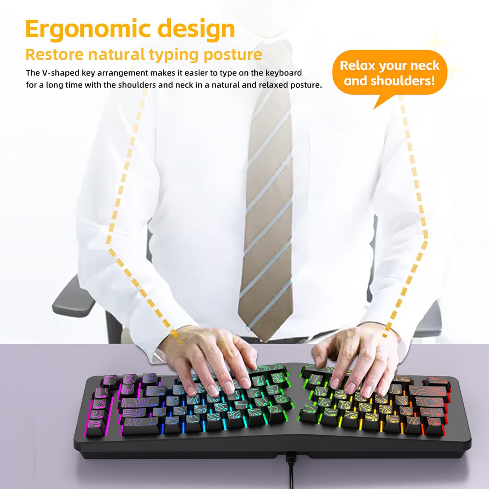 Goshyda Tastiera da Gioco Ergonomica Cablata, Tastiera Divisa a Forma di V con Retroilluminazione RGB Colorata, per Computer Desktop Portatile