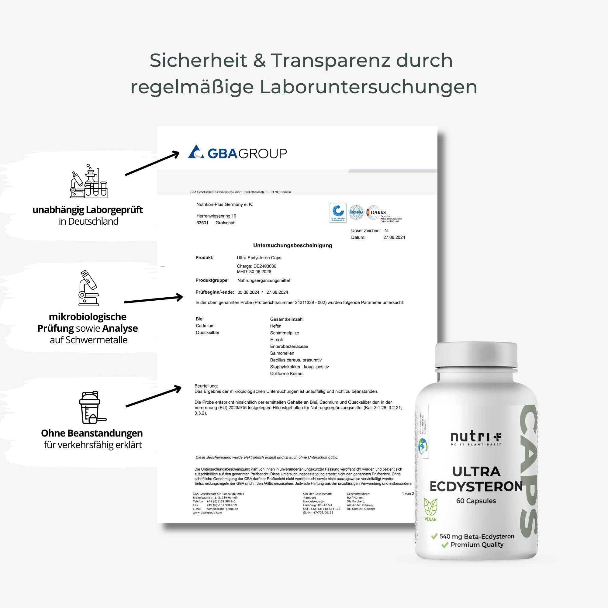 Nutri + Ultra Ecdysteron + Leucin Kapseln hochdosiert - 790 mg Wirkstoff Komplex pro Kapsel - 540 mg beta Ecdysterone 90% 250 mg L-Leucin Pulver vegan