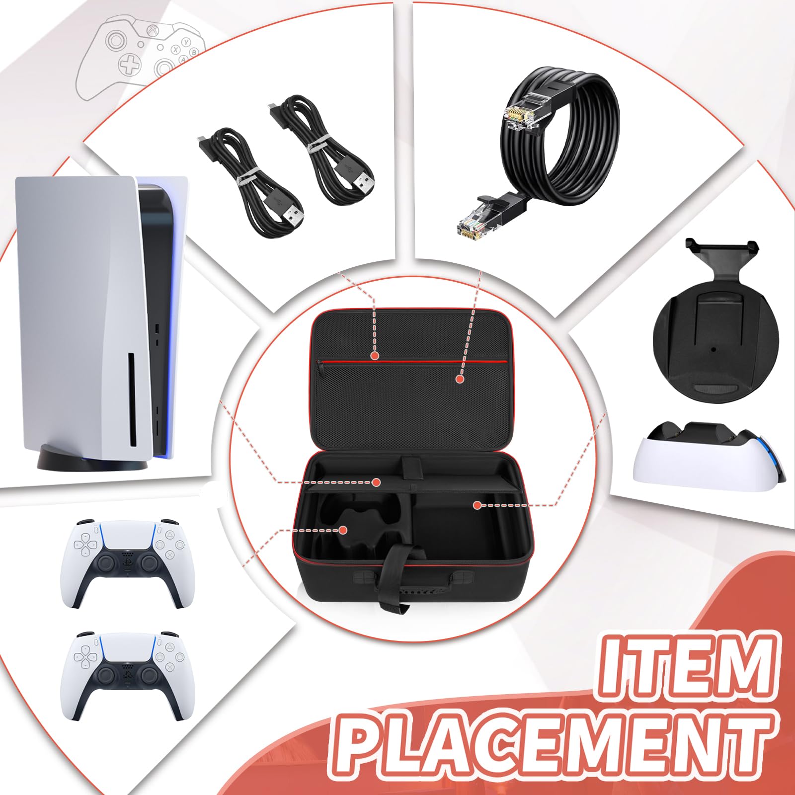 GMAK Custodia rigida per PS5, custodia protettiva da viaggio compatibile con Playstation 5, controller DualSense, base, cavi e altri accessori, custodia in EVA con tracolla per PS5, nera