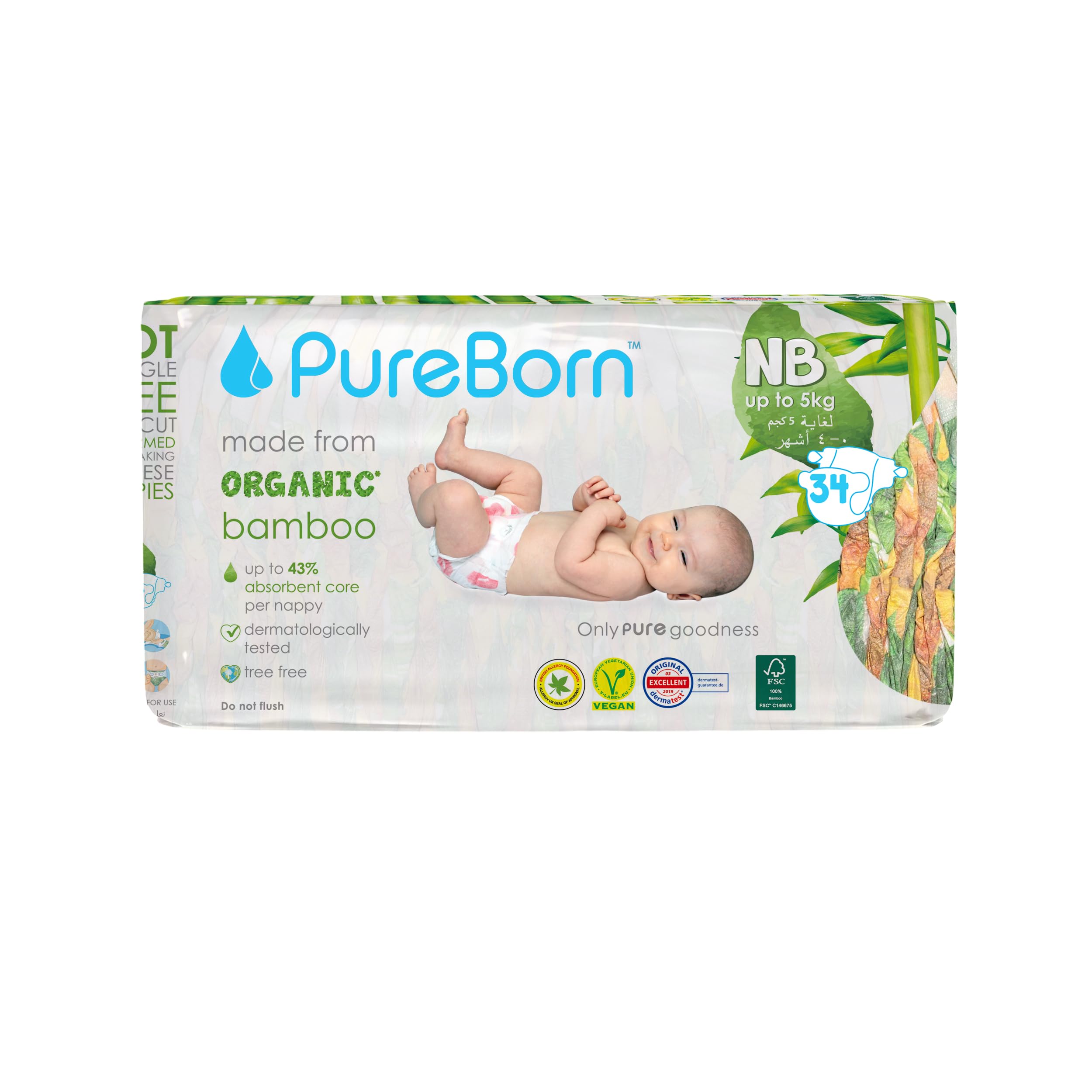 PureBorn Nappies Pure Organic Bamboo Nappies – Nappies Size NB Hypoallergenic 34-Nappies Ultra Soft (Up To 5Kg) 100% Plant Based Eco Friendly Sunflower Print