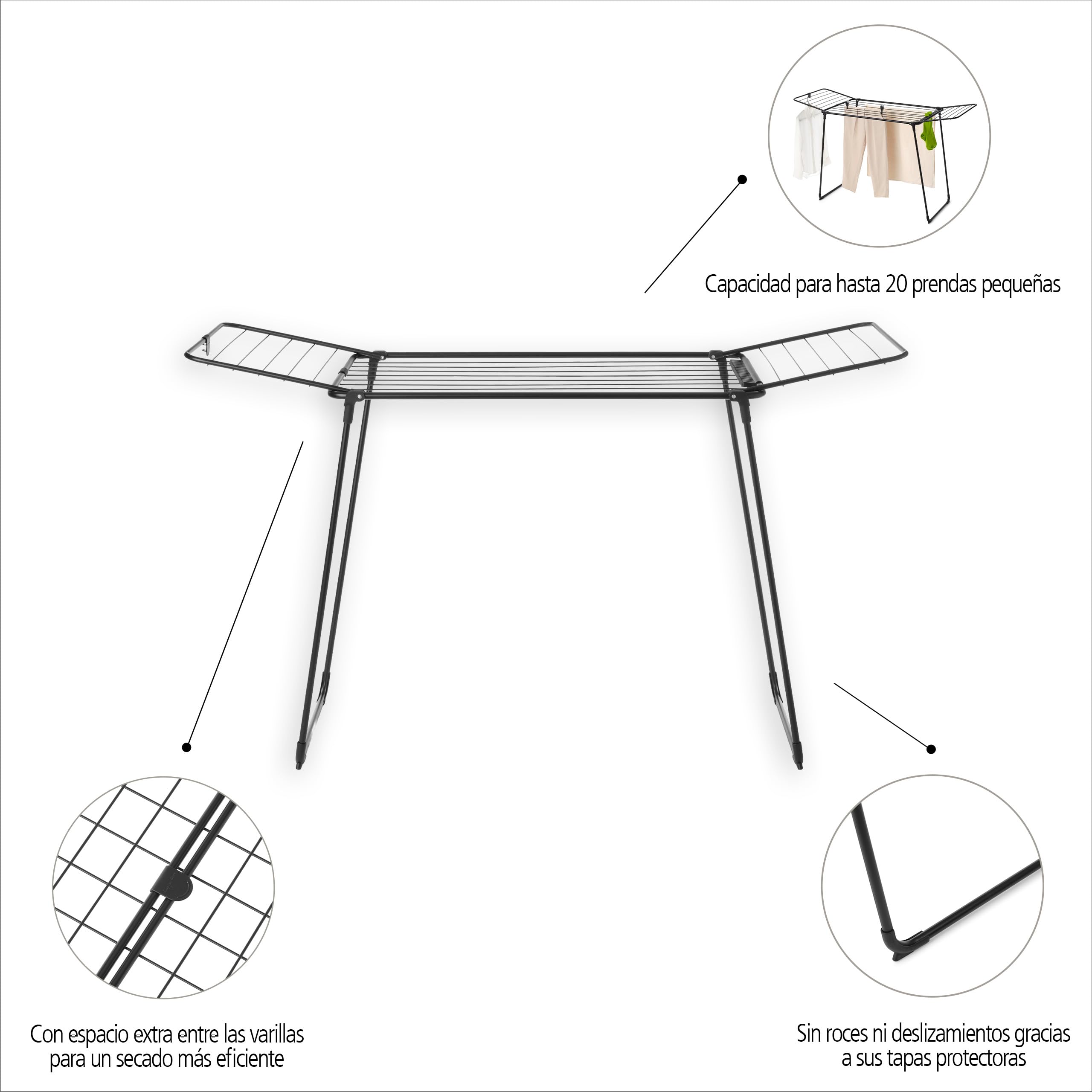 Brabantia HangOn Too Tendedero 18 M (Negro Mate), tendedero Plegable con Capacidad para hasta 1 Carga de Lavadora, tenderete de Ropa Plegable para Todo Tipo de Prendas, no Necesita Pinzas