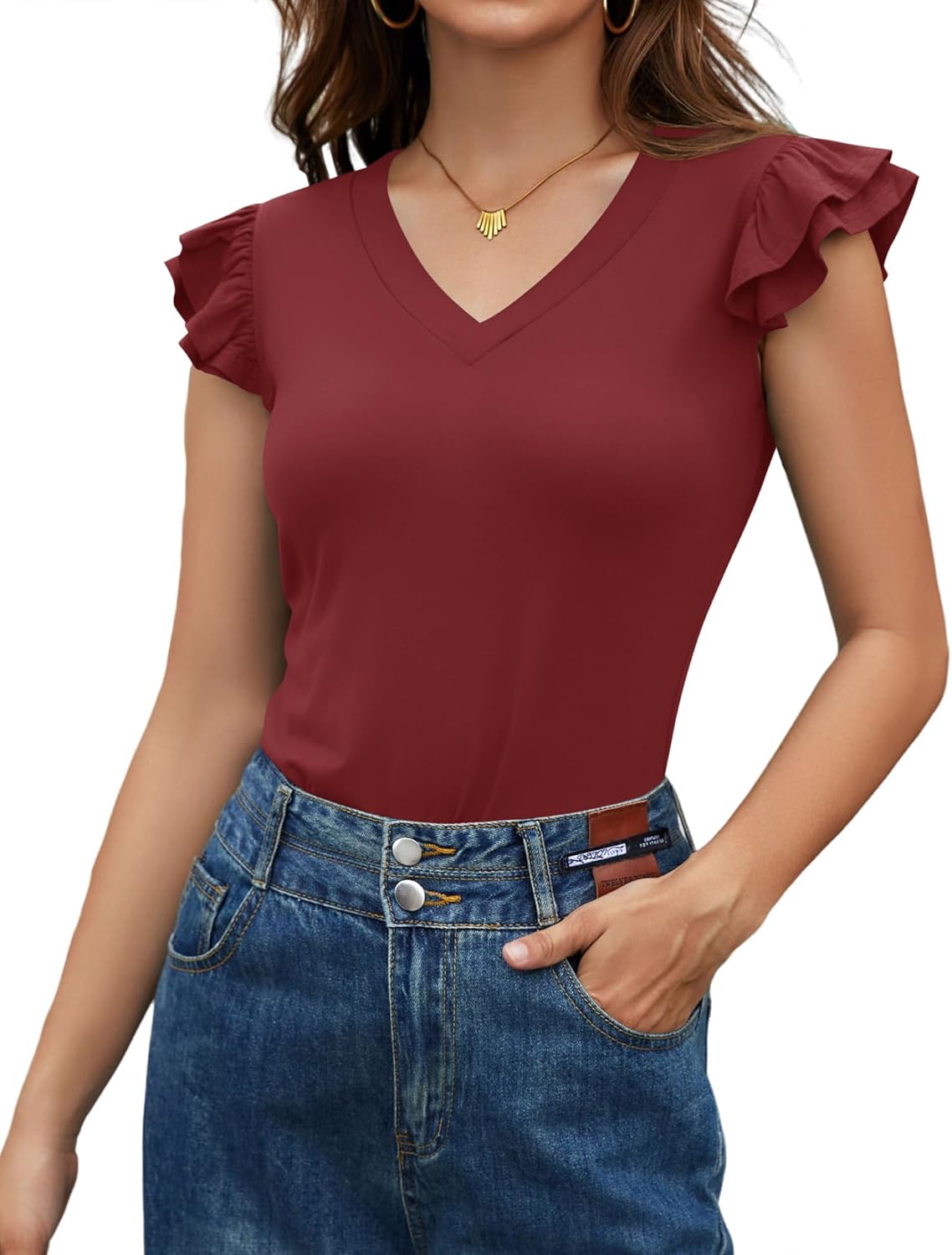 LOMON Ruffle Sleeveless Blouses for Women Casual V Neck Red Tank Top Woman Oversized Business Casual Outfits for Women 2026 XL - Image 2