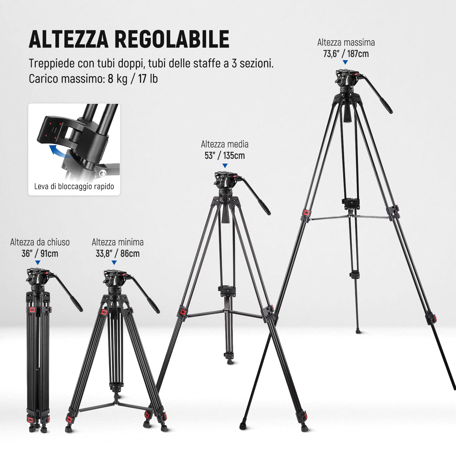 NEEWER Treppiede video da 74" con testa a fluido e controllo dell'attenuazione, in alluminio resistente, professionale, con piastra QR per videocamere DSLR, panno per la pulizia, carico massimo 17,6