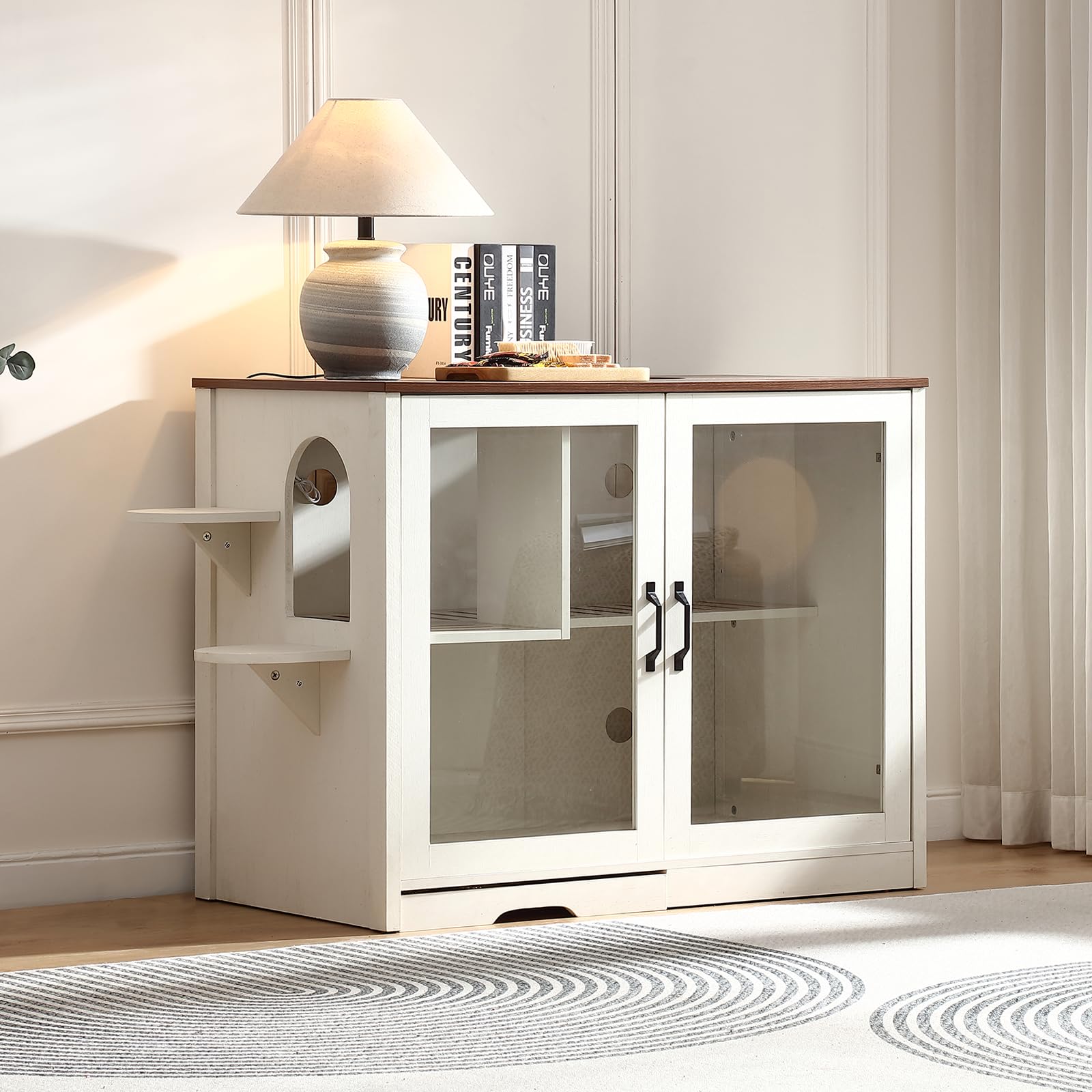 FOREST GRAVITY Cat Cabinet Litter Step Box Furniture Armoire à Chat Litière Box Meuble Meuble Moderne 125.5 * 83 * 60 cm Maison pour Chat avec Porte et cloison séparée Blanc Antique