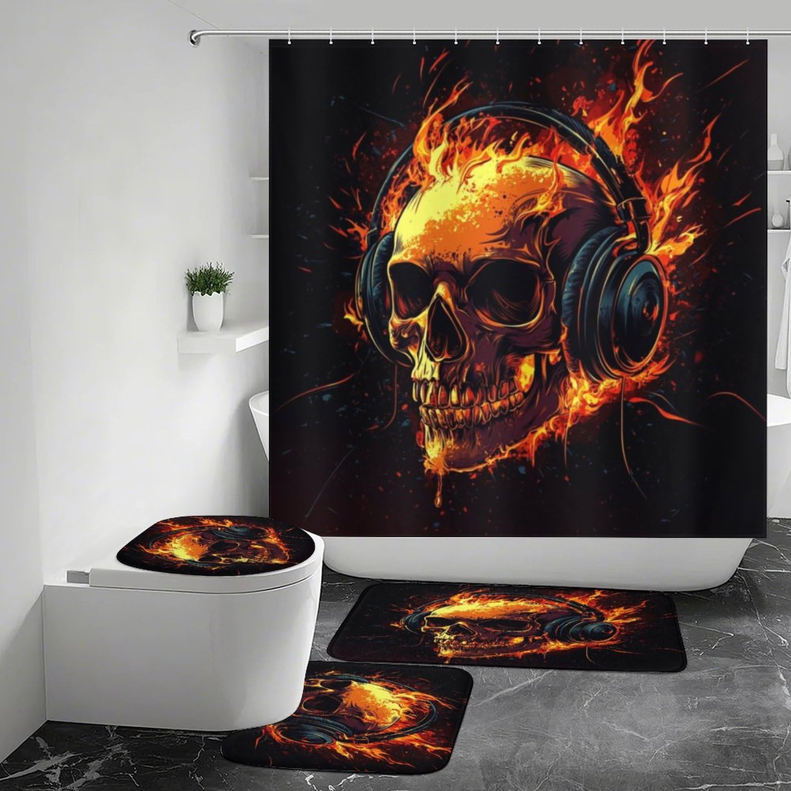 EISISANUN Flaming Skull with Headphones Shower Curtains Set Bathroom Sets with Rugs (Bath Mat,U Shape and Toilet Lid Cover Mat)
