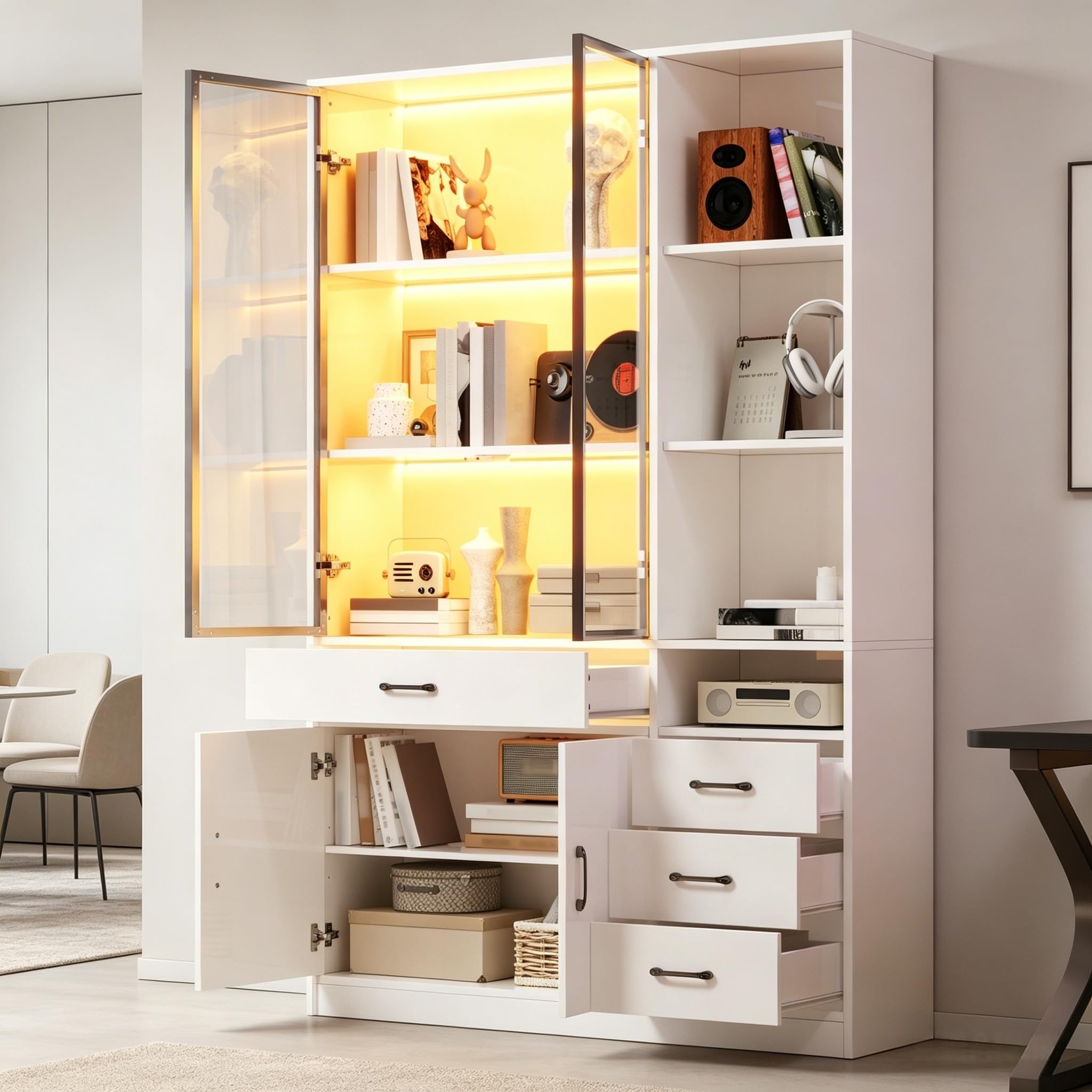 Kebnor Armario alto con vitrina de cristal y LED, estantería para libros con 13 zonas de almacenamiento, 4 cajones y puertas, armarios de almacenamiento, armarios de almacenamiento, adecuado para