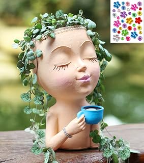 Face Pot for Plants, with a Base,Face Flower Pot for Indoor Outdoor Plants Resin Succulent Planter with Drainage Hole Cute Lady Plant Pots（Lignt Orange）