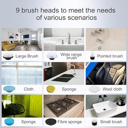 Miniatura 7 de Fregador eléctrico inalámbrico con 8 cabezales de cepillo - 3 longitudes ajustables (124354 pulgadas), 2 velocidades (300400 RPM), tiempo de