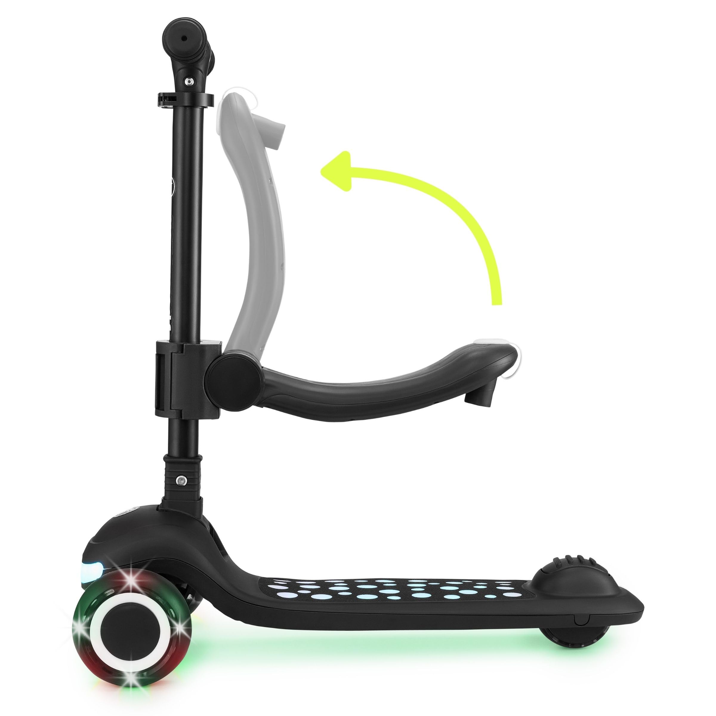 HyperMotion Patinete infantil con iluminación LED LUMI 3 en 1, asiento ajustable en altura, plegable, ruedas de poliuretano, manillar en T de hasta 50 kg, para niños a partir de 1 año