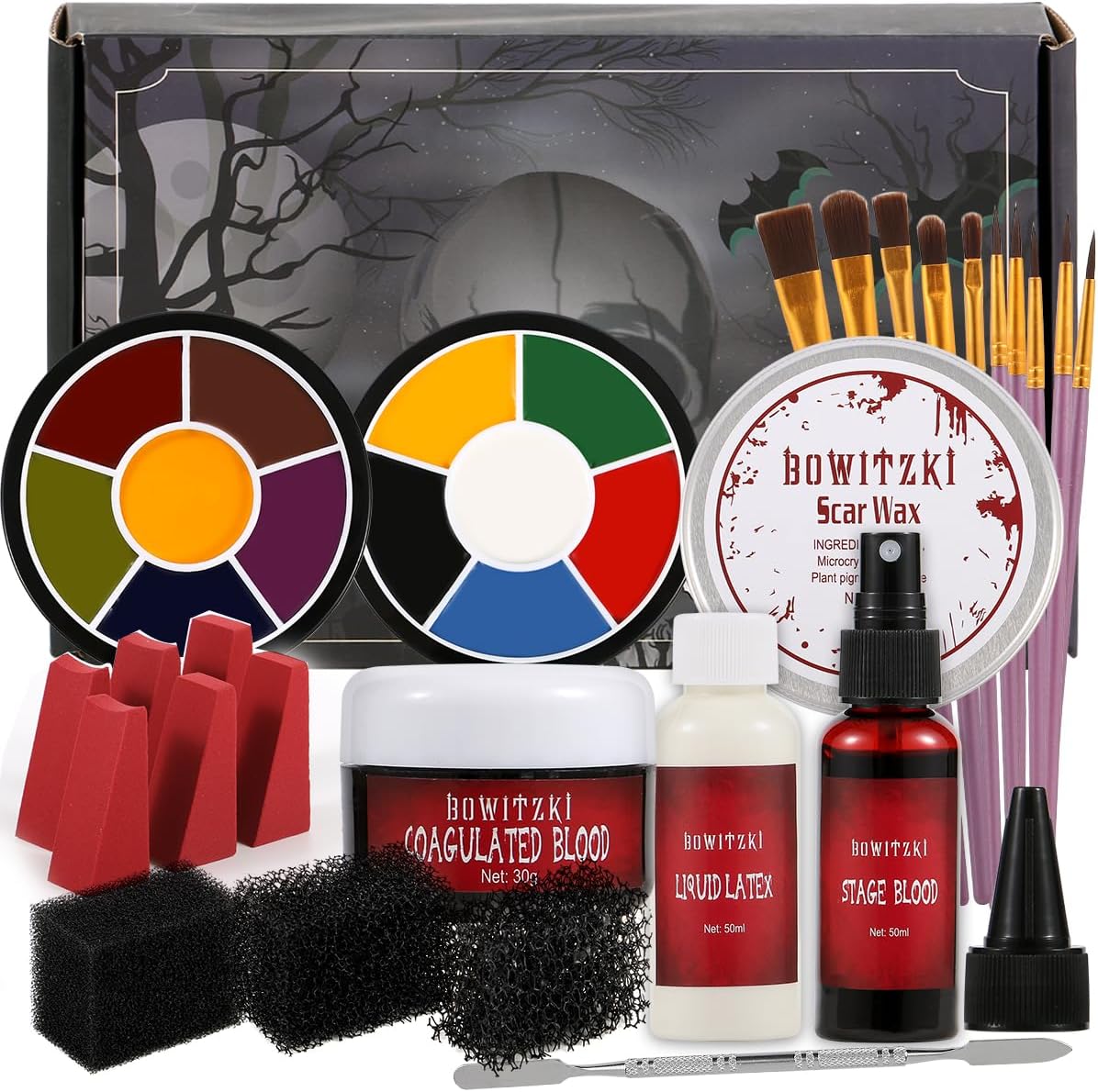 Halloween SFX Makeup Kit Special Effect Makeup,Liquid Latex+Scab Blood+Spray Blood+6 Colors Oil Based Face Paint+SFX bruise wheel+Skin Wax+Stipple Sponges+Latex free Sponges+Spatula+Brushes