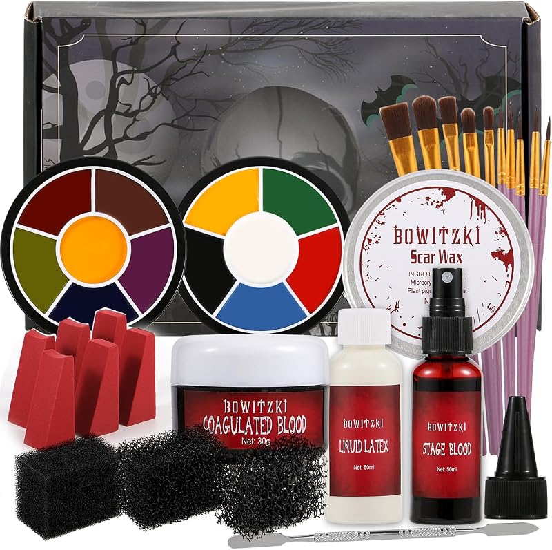 Bowitzki Kit de maquillaje de Halloween Maquillaje sfx con efectos especiales, látex líquido + sangre con costra + sangre en aerosol + pintura facial a base de aceite de 6 colores + rueda de hematomas SFX + cera para la piel + esponjas punteadas + esponjas sin látex + espátula + pinceles