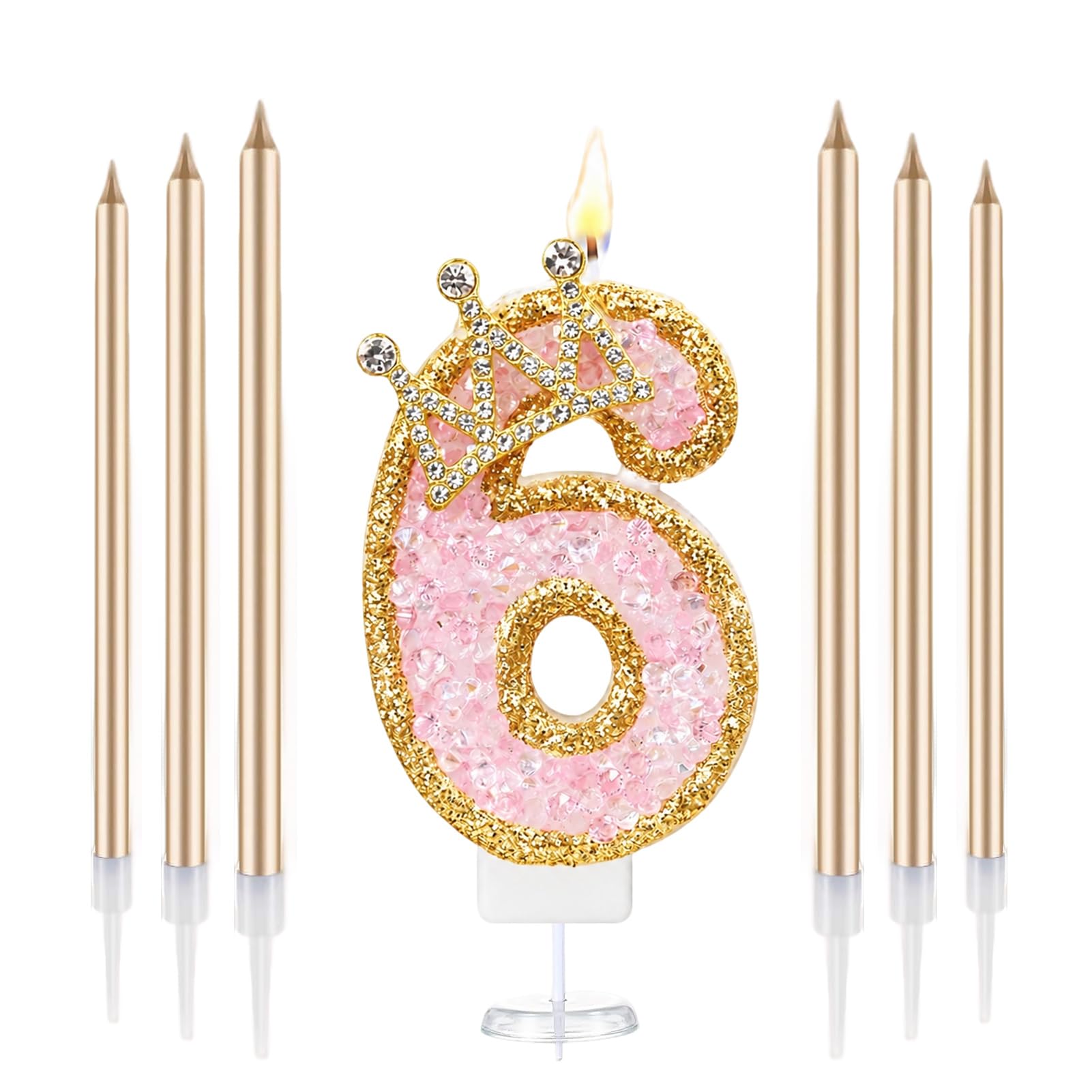 Crown Number Birthday Candles, Glitter Pink Gold Birthday Candle with 6 Pcs Long Candles, Stylish Princess Themed Cake Topper for Girls Birthday Party Supplies (6 Candle)