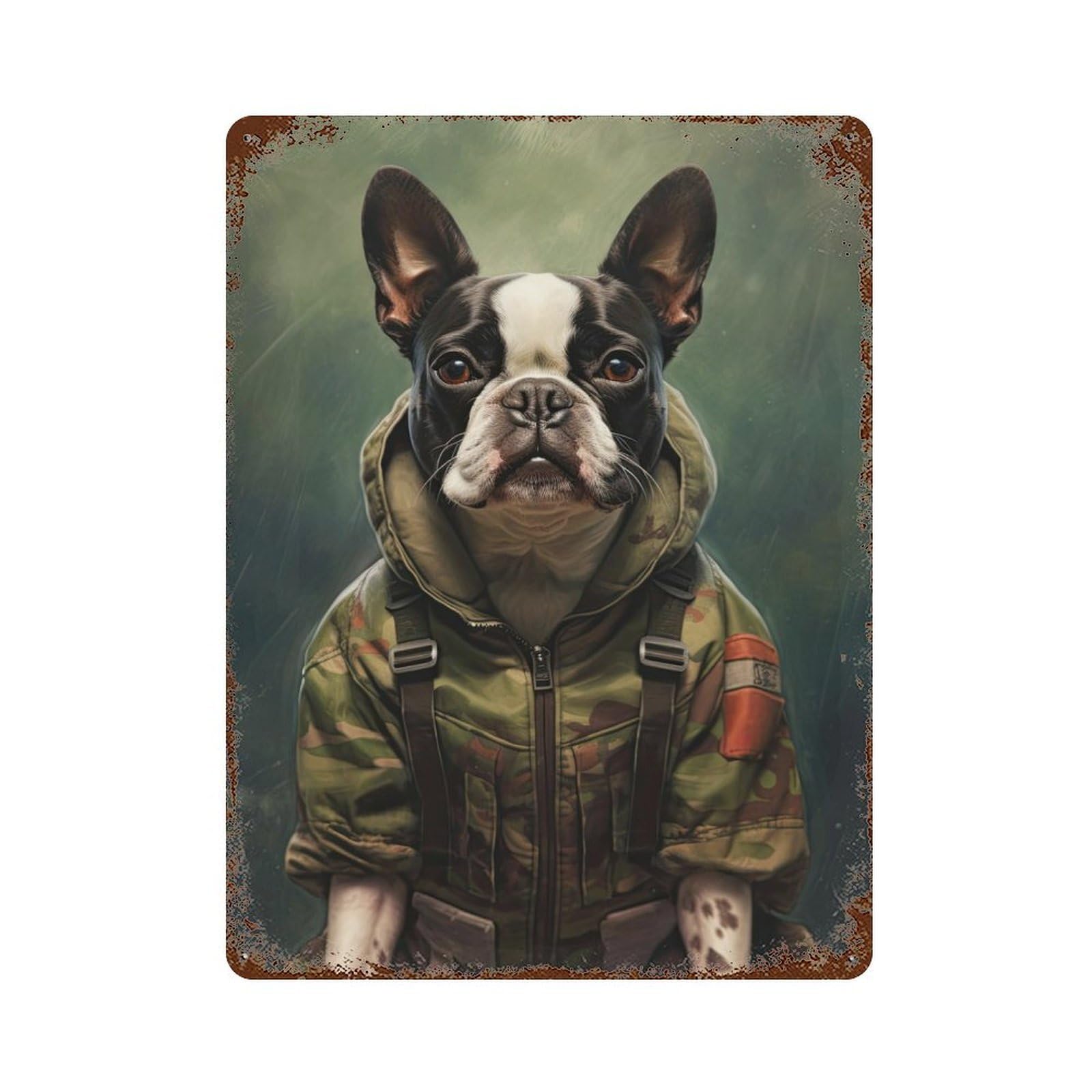 Aged Metal Wall Plaque with Boston Terrier Camo Jacket Design 15.7"x11.8", for Basement, Hobby Room And Garage Decor, Farmhouse Wall Decor