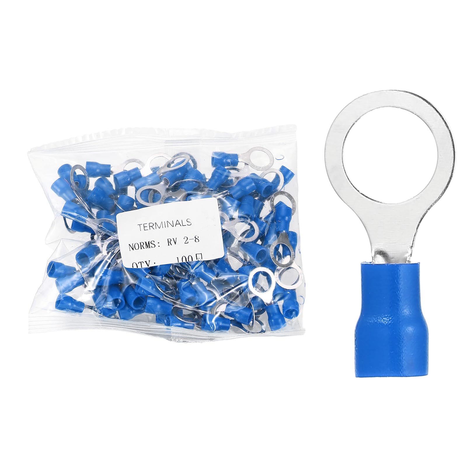sourcing map 100pcs Terminals Ring Connectors #5/16" Tinned Copper Insulated Ring Crimp Terminals 16-14 Gauge for Electrical Industrial Chemical Project, Blue