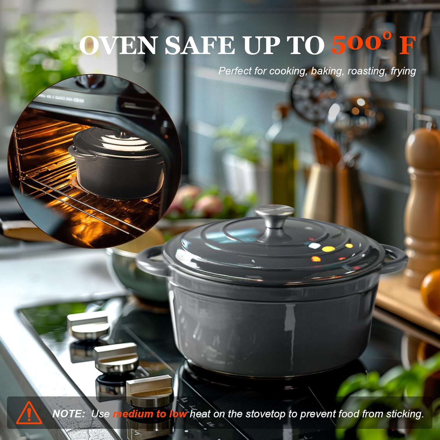 Overmont Enameled Cast Iron Dutch Oven - 7QT Pot with Lid Cookbook & Cotton Potholders - Heavy-Duty Cookware for Braising, Stews, Roasting, Bread Baking grey - Image 5