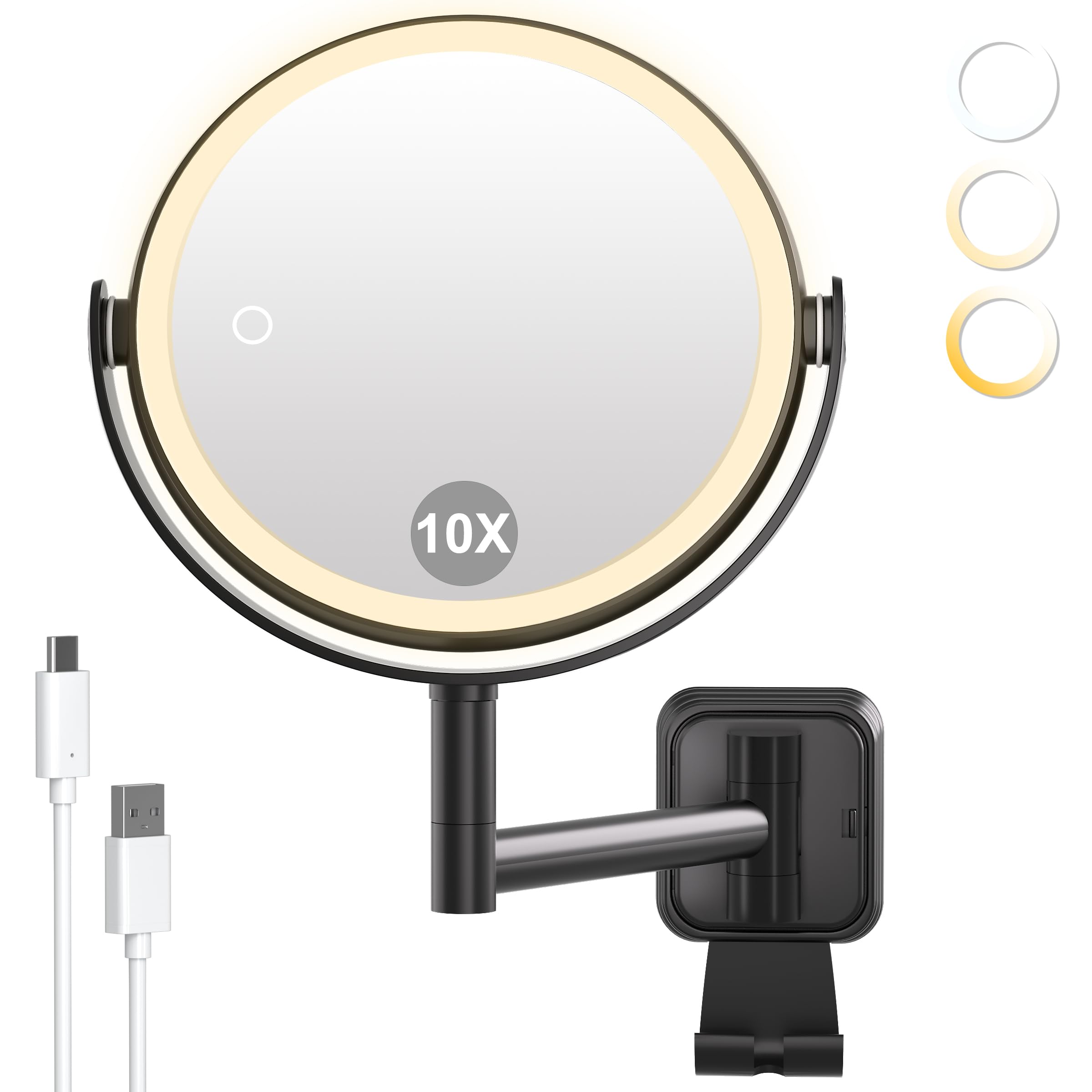 AIMAX Cosmetic Mirror with Lighting, 2000 mAh Rechargeable Wall Mirror with 1X & 10X Magnification, Dimmable with 3 Colour Temperatures, 360° Rotatable for Shaving & Makeup in the Bathroom, Space