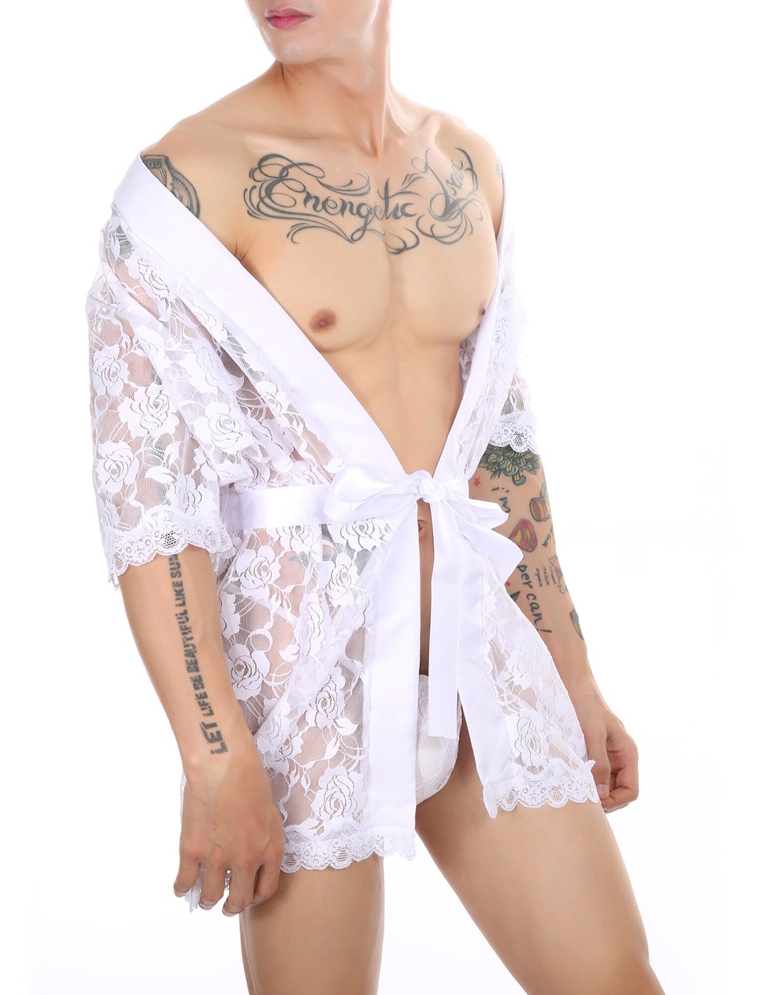 FEOYA Homme Peignoir de Bain Transparente avec Strings Robe de Chambre Dentelle Manches Courtes Sissy Lingerie de Nuit Vêtement