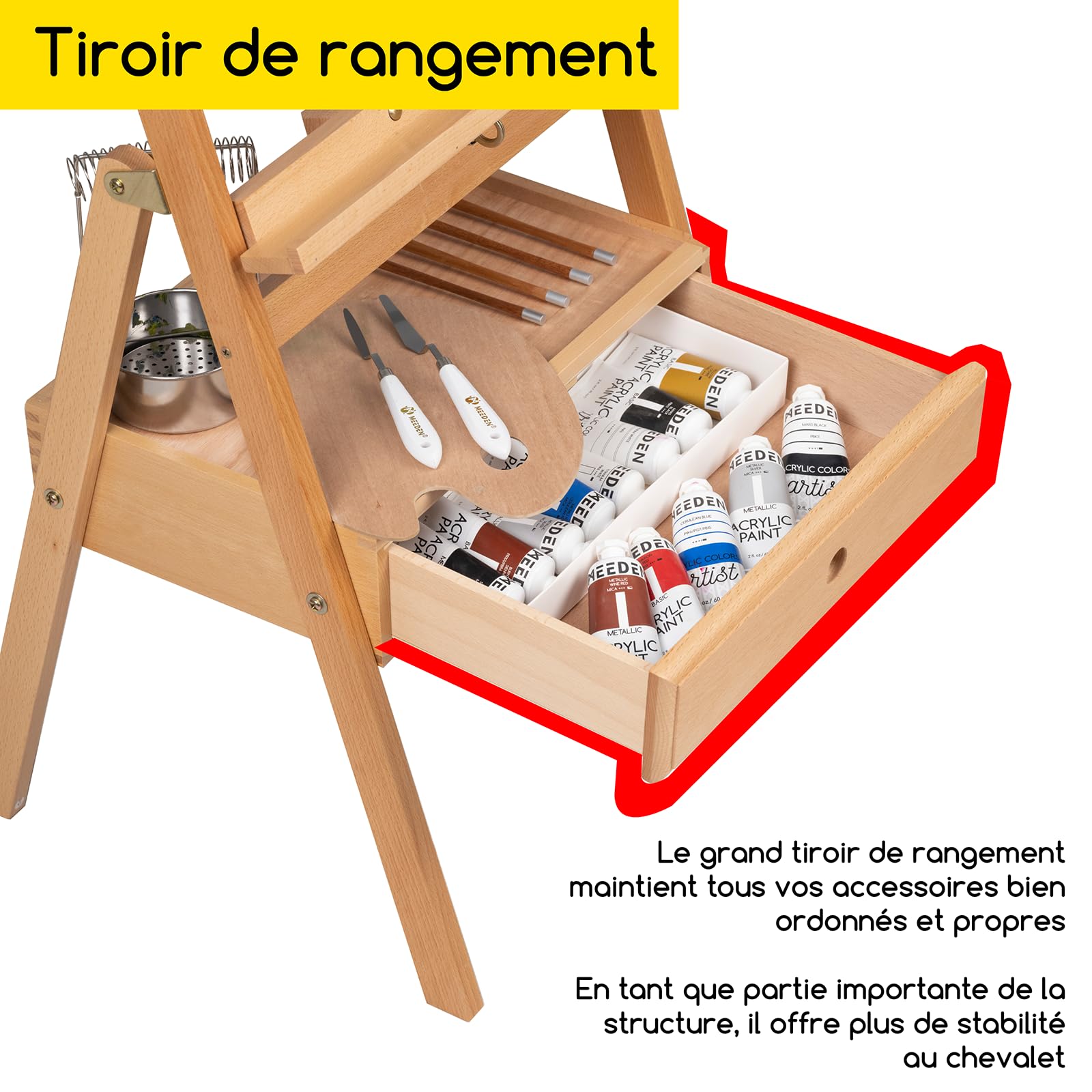 MEEDEN Chevalet de Peinture en Bois avec Tiroir de Rangement : Chevalet de Studio en H Réglable en Hêtre, Grand Support de Peinture Pliable – Adapté aux Toiles jusqu'à 91 cm, Bois naturel