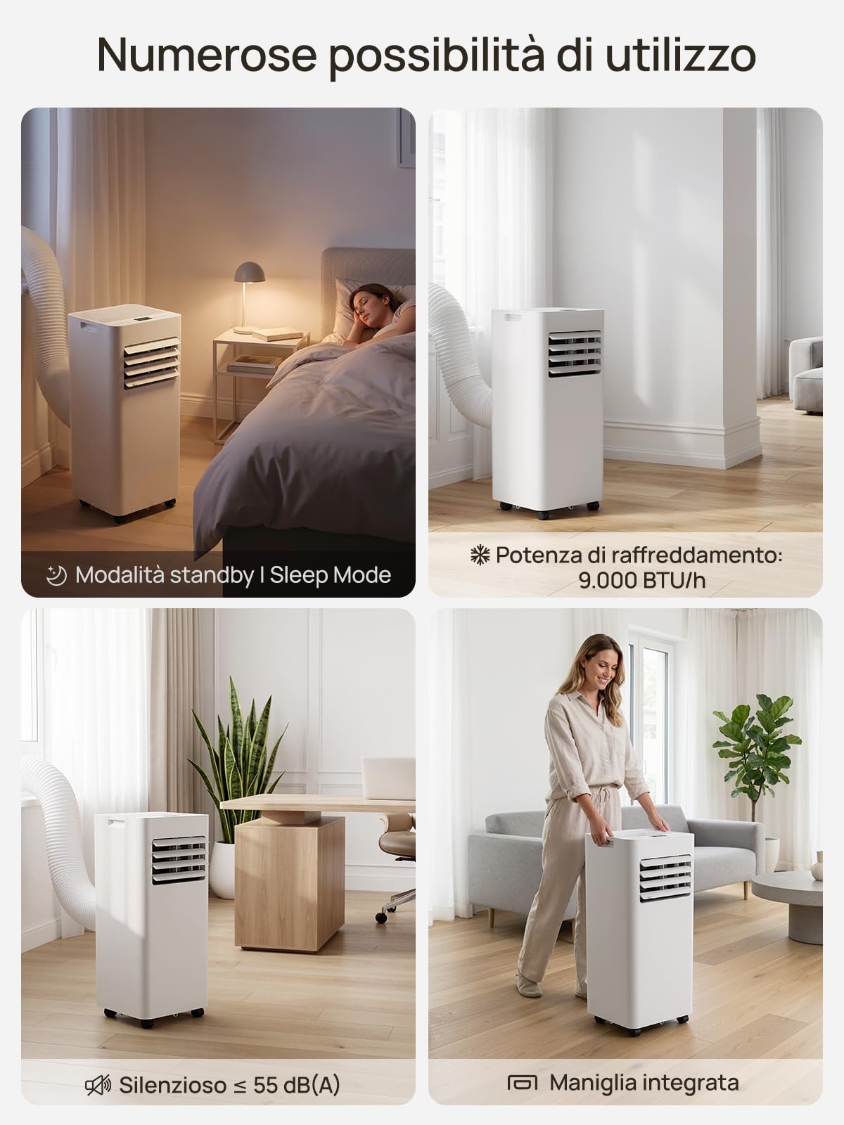 Climatizzatore mobile 9000 BTU, 4 in 1 (raffreddamento/deumidificazione/ventilazione/modalità sleep), telecomando, display LED, timer 24h e sicurezza per bambini, ideale per casa, ufficio, campeggio