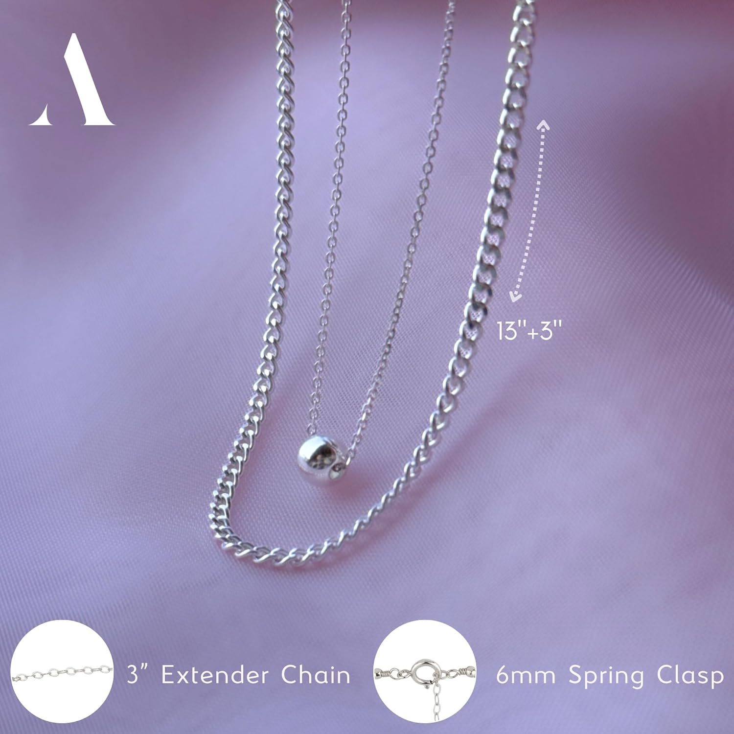 Annika Bella 925 Sterling Silver Necklace Set, Diamond Cut Curb Chain Necklace, Thin Flat Cuban Link Chain, Sparkly Bead Choker, Waterproof Hypoallergenic Jewelry - Image 3