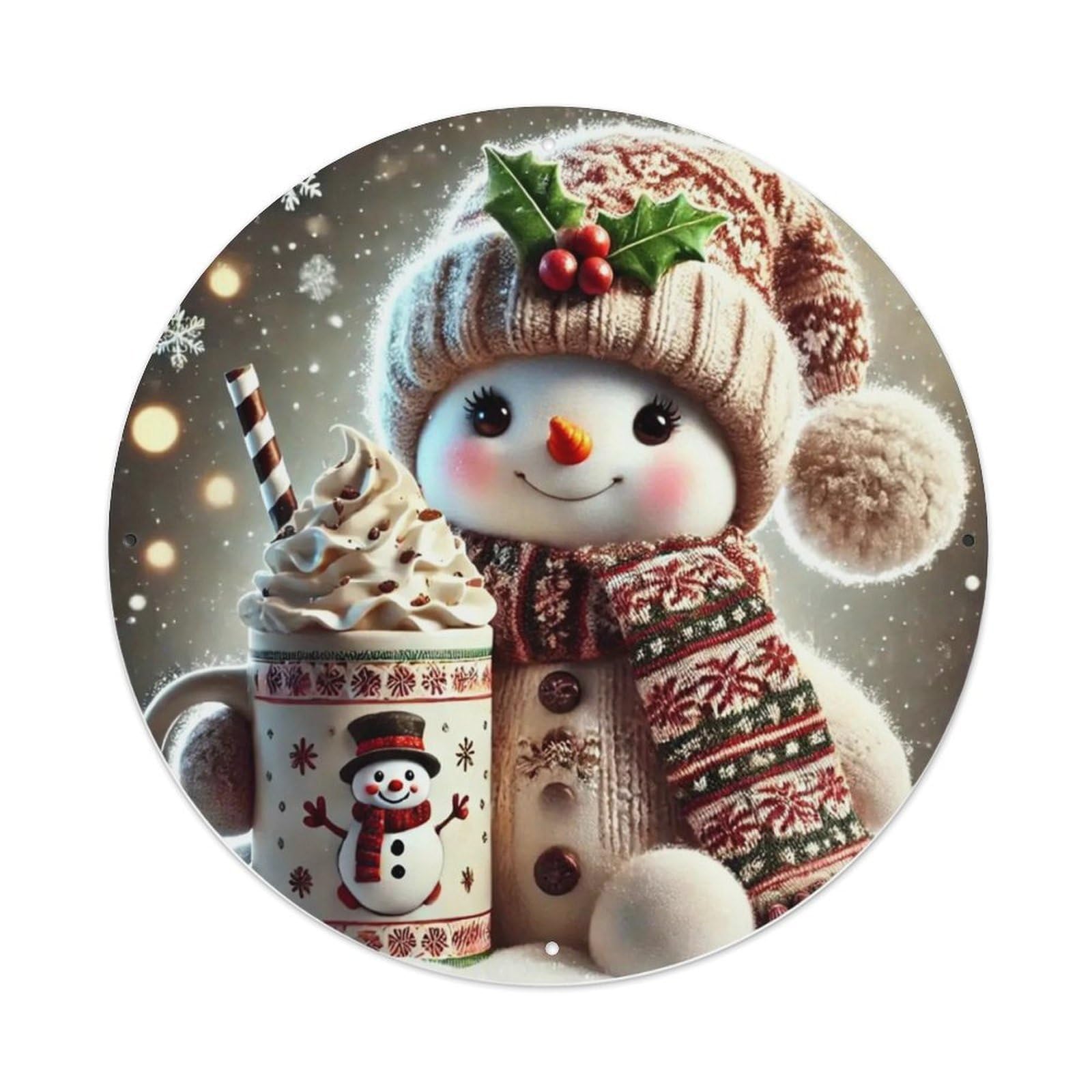 Snowman Pattern With Holiday Motifs Round Metal Tin Sign Vintage Wall Decor, Bar Garage Cafe Kitchen Home Wall Art Poster 8x8inches