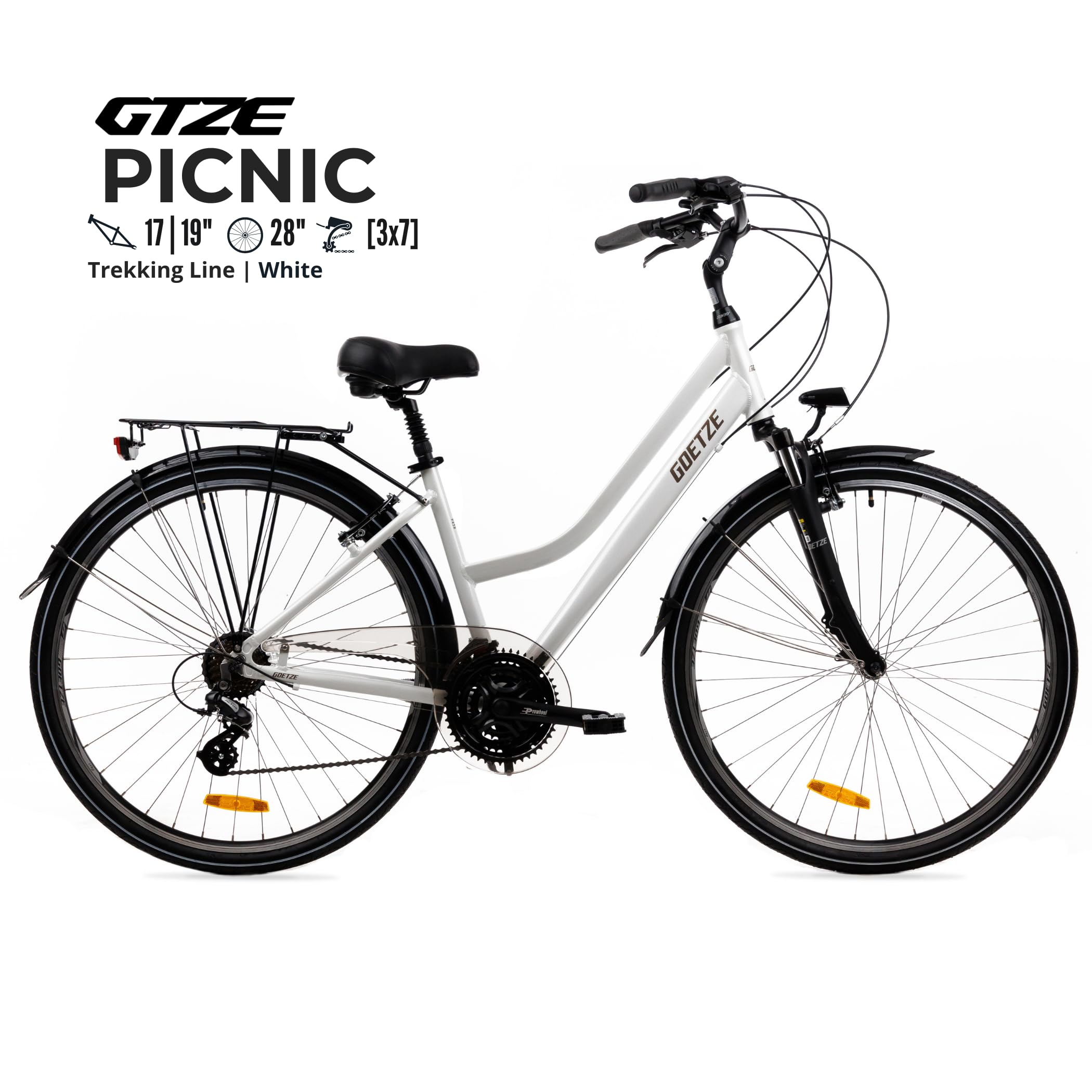 Goetze Picnic 28 Zoll Damen Trekkingrad, Aluminium Rahmen 17/19 Zoll, Shimano 21-Gang Schaltung, Federgabel, Verstellbarer Vorbau, Gefederte Sattelstütze, LED-Beleuchtung, Gepäckträger