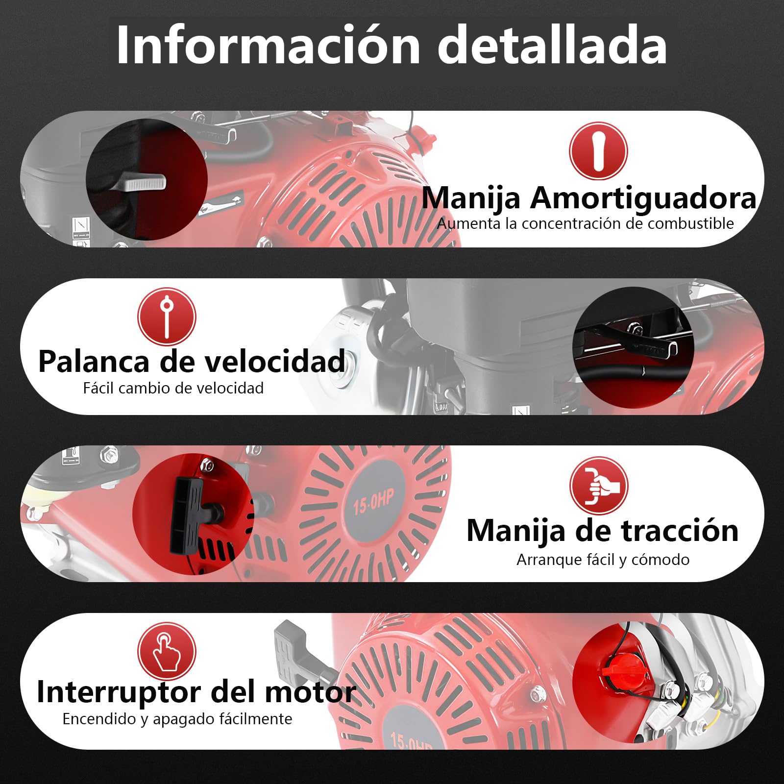 Motor de gasolina de 15 CV, 9,7 kW, motor de 4 tiempos con eje de 25 mm de diámetro, 420 CCM, motor de accionamiento estacionario, refrigeración por aire, gran capacidad del depósito de