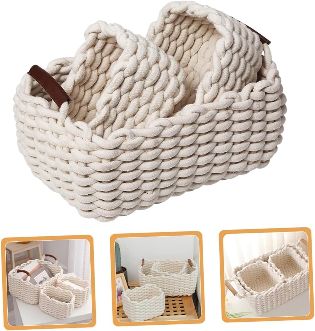 Baluue 北欧風コットンロープバスケット 編み籠 革素材 収納オーガナイザー スナック 化粧品 雑貨整理用 ホームデスクトップ収