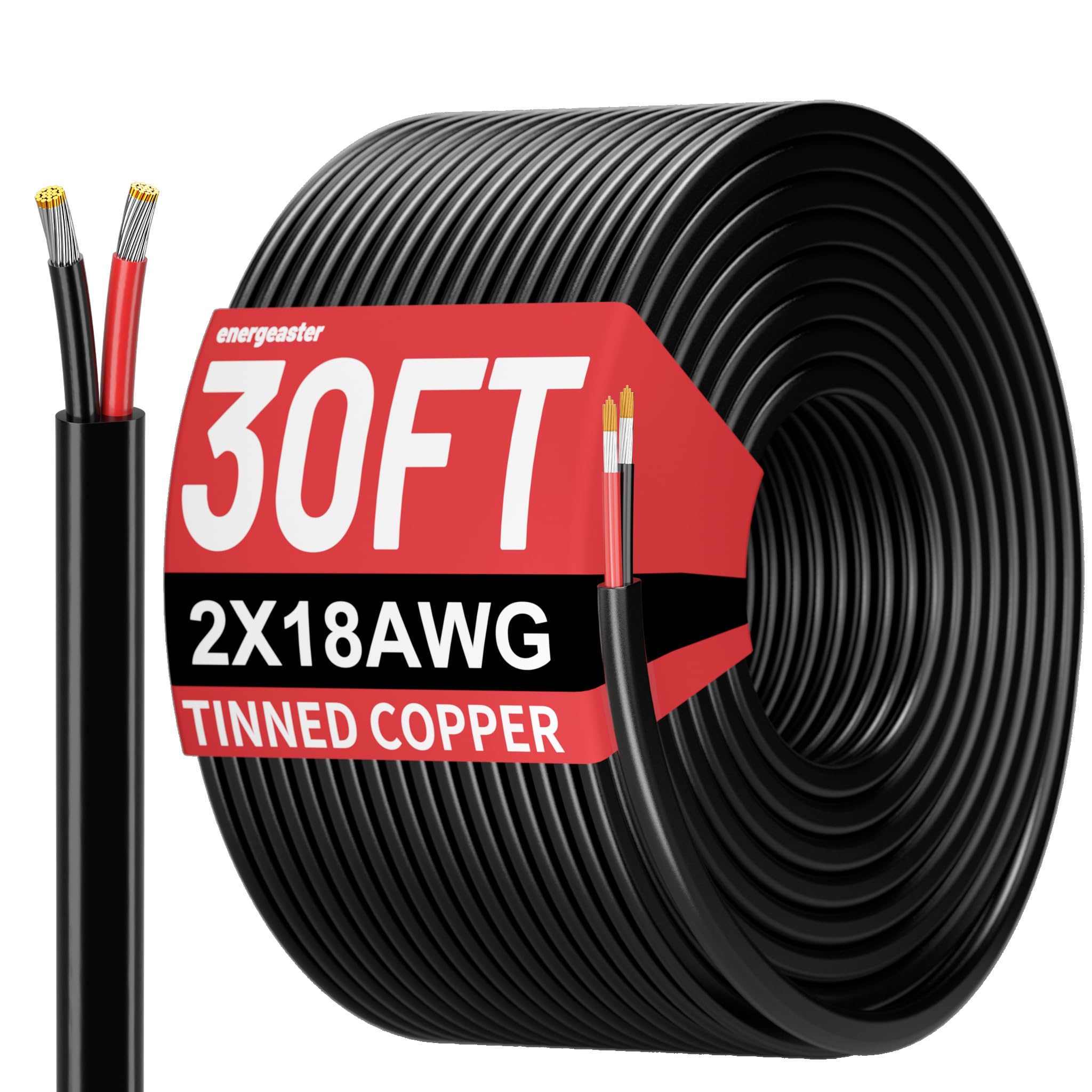 Energeaster 30FT 18 Gauge Wire 2 Conductor Electrical Wire,18 AWG Wire Stranded PVC Cord, 12V Low Voltage Tinned Copper Flexible for Automotive LED