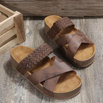 Platform Slide Sandals for Women 2025 Open Toe Elastic Knitted Crisscross Strap Sandals Woven Suede Leather Flat Slippers with Arch Support Dressy Summer Beach Shoes