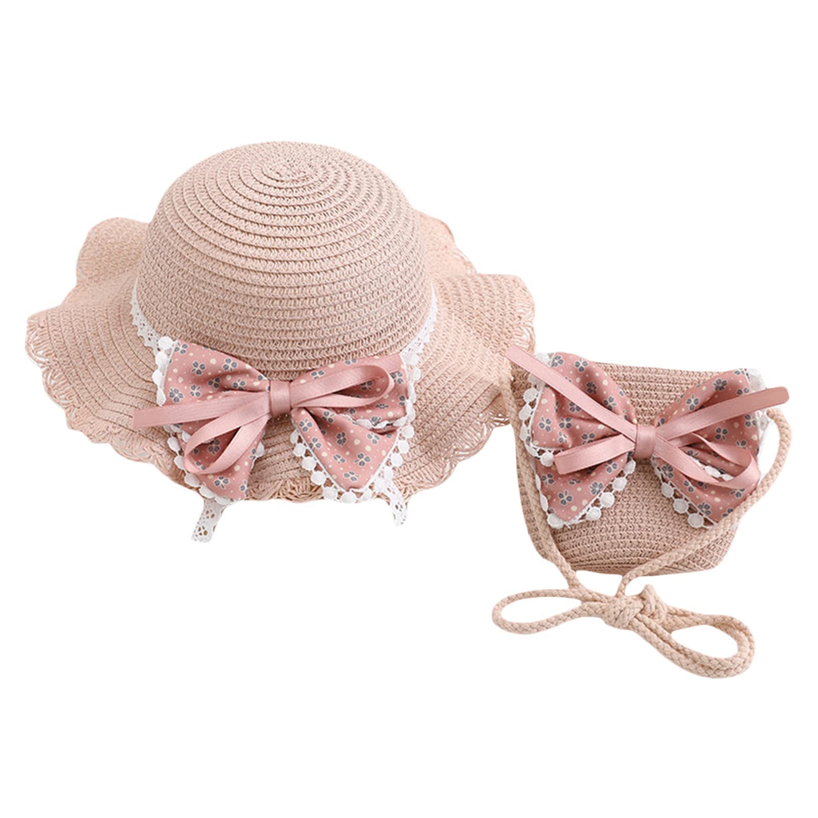 HodJIU Sombrero de Paja Niña Gorra de Sol + Bolsillo Set Verano Anti UV Gorro Paja de Playa Bolso Sombrero de Visera ​Alas Anchas para Viaje Piscina de Chicas 2-7 años