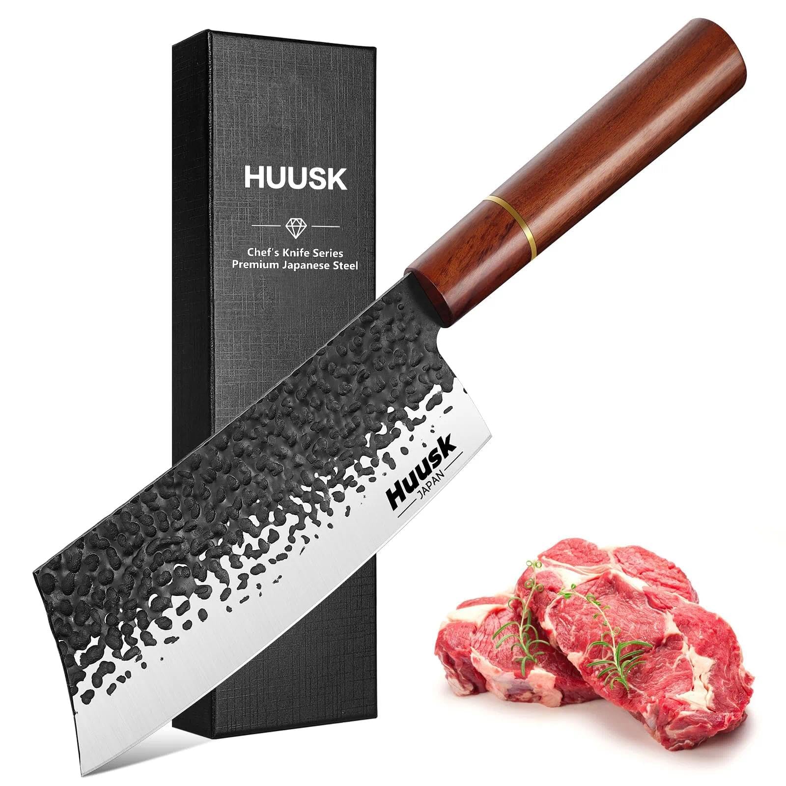 Huusk Japanese Cleaver Knife for Meat Cutting, 6.7 inch Hand Forged Chef Knife High Carbon Steel Sharp Kitchen Knives for Chopping Vegetable, Christmas Gifts for Men and Women