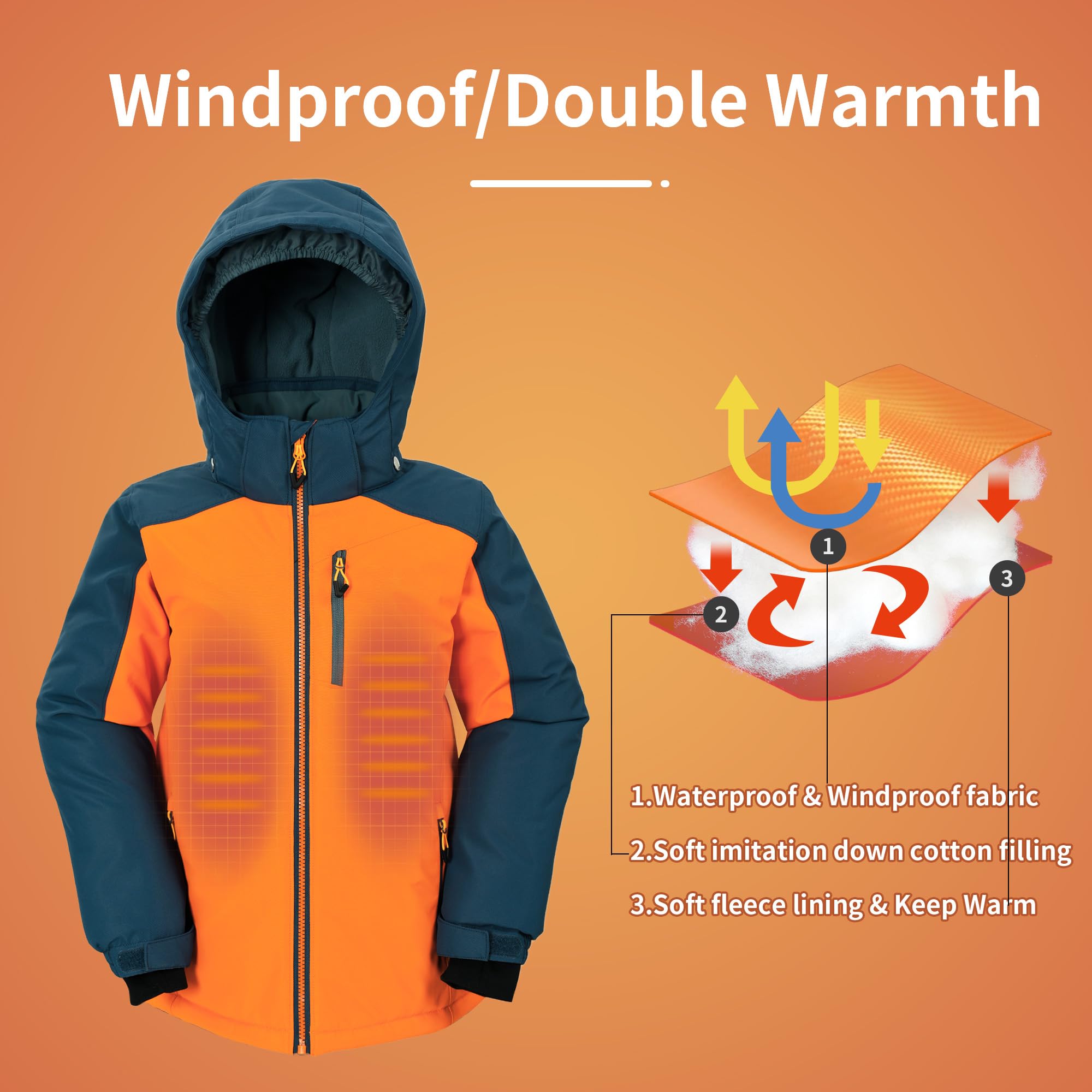 POUTINE Veste de neige pour garçons Veste de ski avec capuche amovible Manteau d’hiver extra chaud