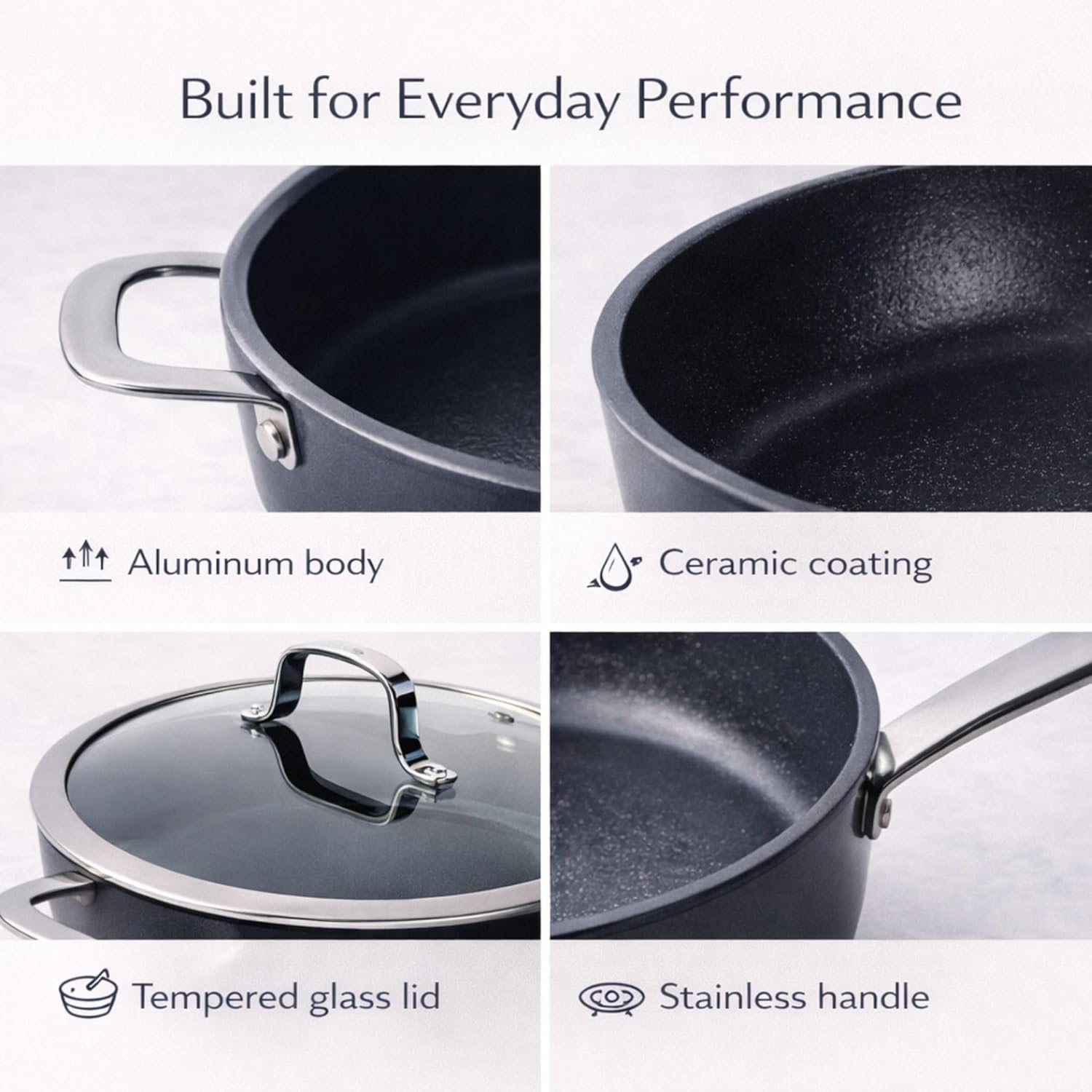 Alva Maestro 4QT Ceramic Nonstick Sauté Pan with Lid – Made With No PTFE, PFOA, PFAS, Oven & Induction Safe to 400°F – Easy Clean, Deep Sauté Pan for Family Meals, Braising & One-Pot Cooking