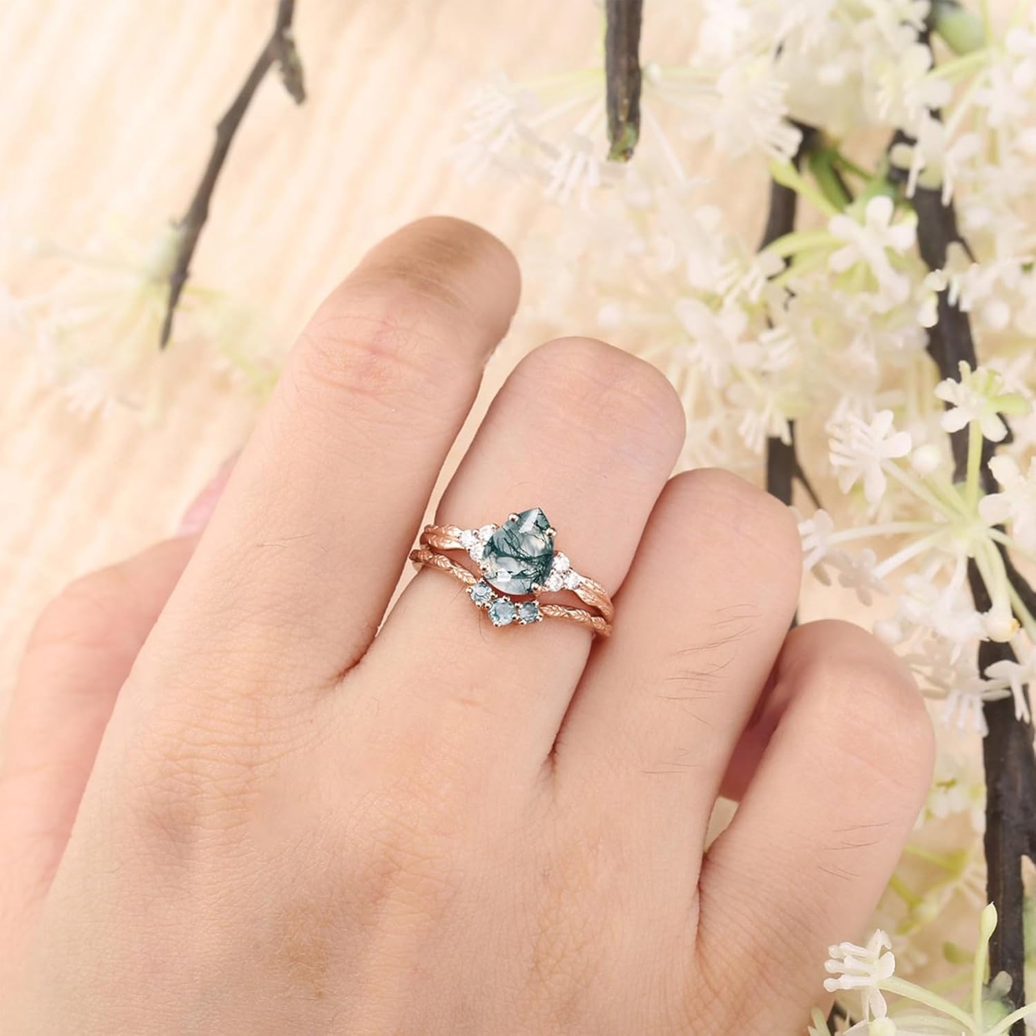 High-grade Natural Moss Agate Engagement Ring Set for Women 925 Sterling Silver 10K 14K 18K Gold Leaf Genuine Green Moss Agate Art Deco Bridal Promise Ring for Wedding Size4-12 - Image 5