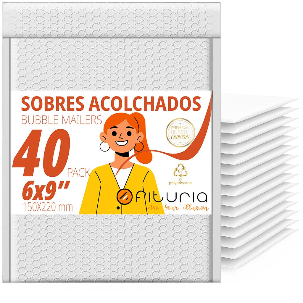 OFITURIA Sobres acolchados con burbujas 150x220 mm, polietileno blanco, sobres de envío con cierre adhesivo fuerte, resistentes al agua, ideales para ecommerce y oficina (40 uds)