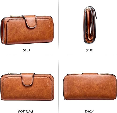 Miniatura 6 de Cartera para mujer, de piel, plegable, larga, con tarjetero, organizador para damas, encerada con aceite, de dos tonos color amarillo