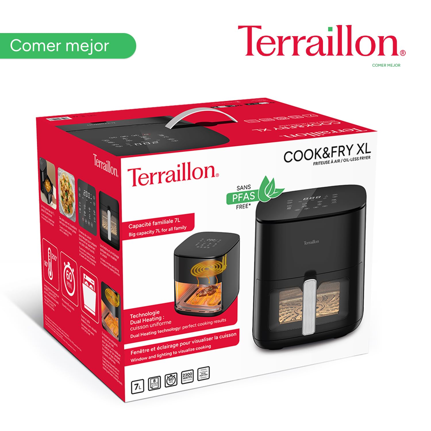 TERRAILLON – COOK&FRY XL 7L – Freidora sin aceite-freidora de aire – 2300 W – Doble resistencia para una cocción homogénea, sin PFAS – 8 programas – 80 °C a 200 °C – Pantalla LED táctil