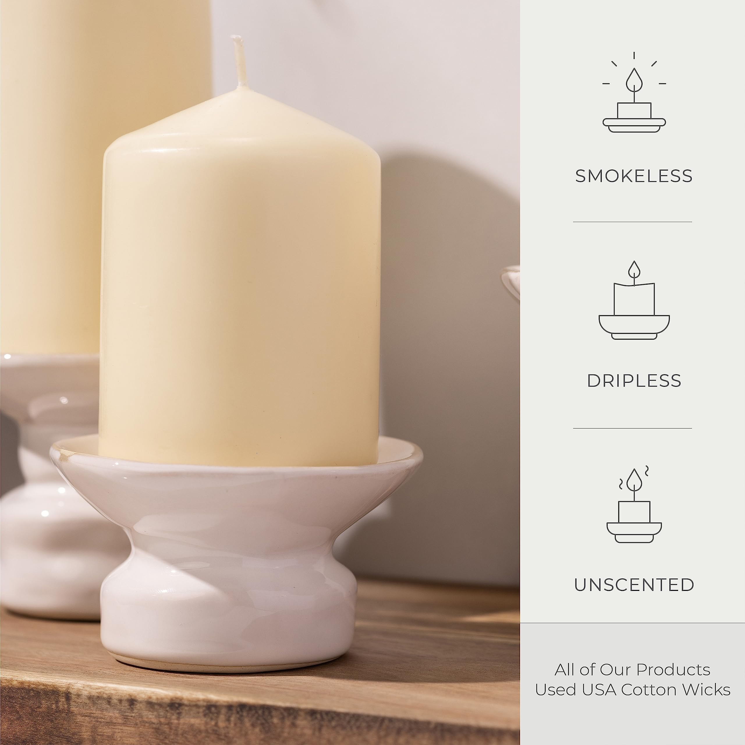 Bask Świece stożkowe – eleganckie świece z kości słoniowej – zestaw 3 świec filarowych w kolorze kości słoniowej – 7,6 x 10 cm, 7,6 x 15 cm i 7,6 cm x 8 – bezdymne i niekapiące świece dekoracyjne do