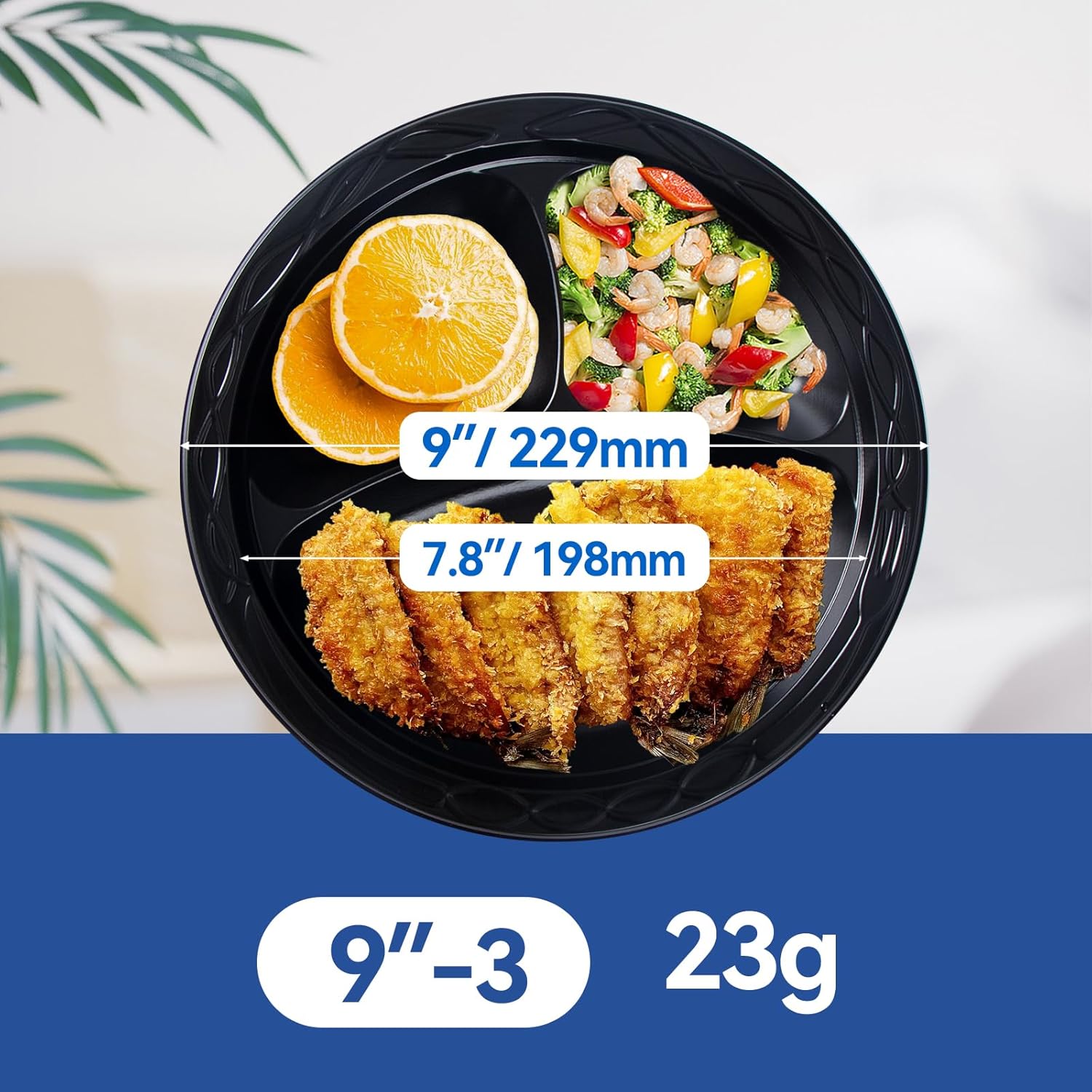 Plastic Plates BPA Free 9" 150 Pack - Shrink Wrapped Mineral Filled PP | Microwave Safe | Disposable & Reusable Food Grade Catering | Black Commercial Heavy Duty 3 Compartment Party Trays