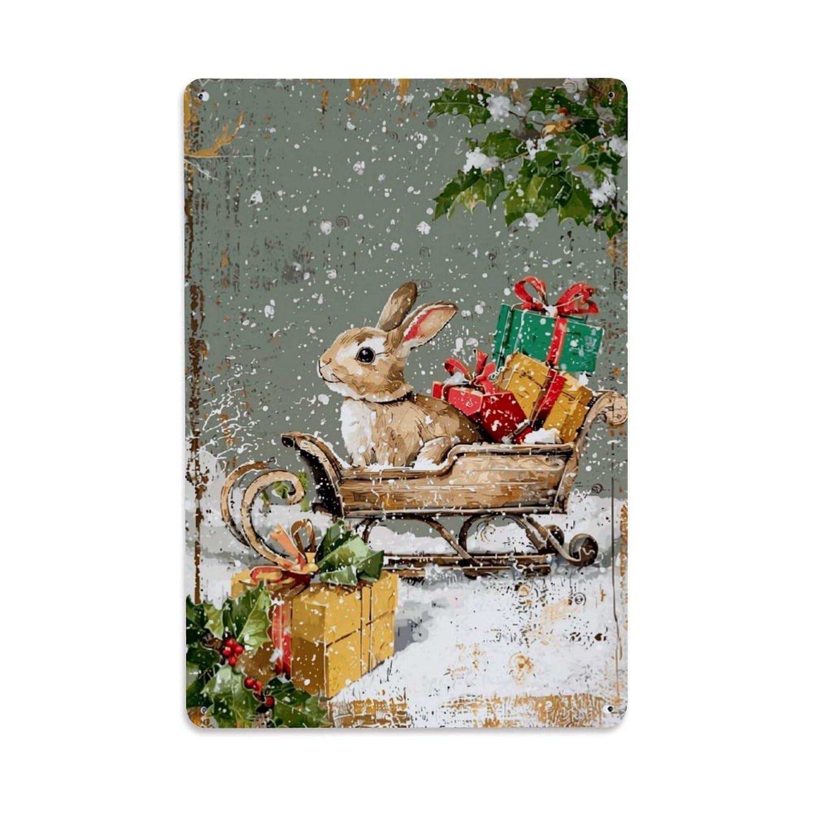 Jdfenggu Vintage Christmas Rabbit Sleigh Gifts Holly Retro Metal Tin Sign, Decor Art Poster For Bar, Home, Man Cave, Kitchen, Laundry Room Gift 8X12inch