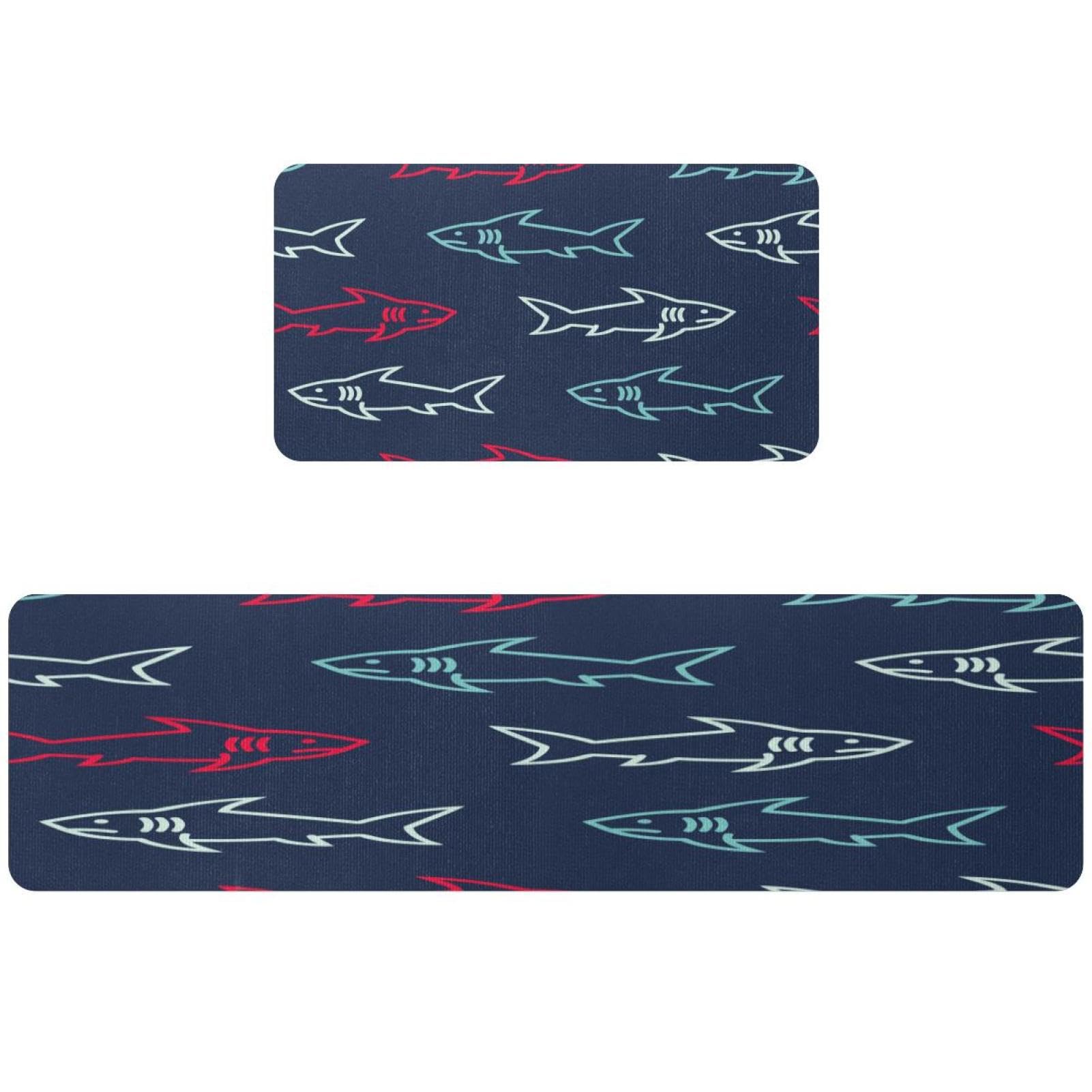 Tapete de cocina absorbente para pasillo y hogar con diseño de tiburones rojo y azul