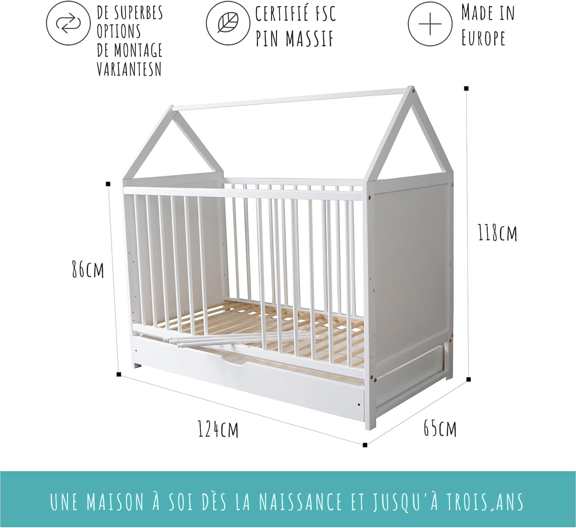 Kids Collective Lit d'appoint pour bébé - 120 x 60 cm - Blanc - avec tiroir - Réglable en Hauteur et Transformable