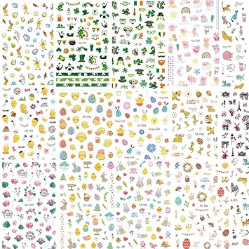 Konsait 700pcs Easter Nail Art Stickers,St. Patrick?��s Day Decoration Luck of The Irish Nail Art Stickers Decals, Bunny Shamrock Nail Sticker False Nail Design Self-Adhesive Nail Tips Decoratio