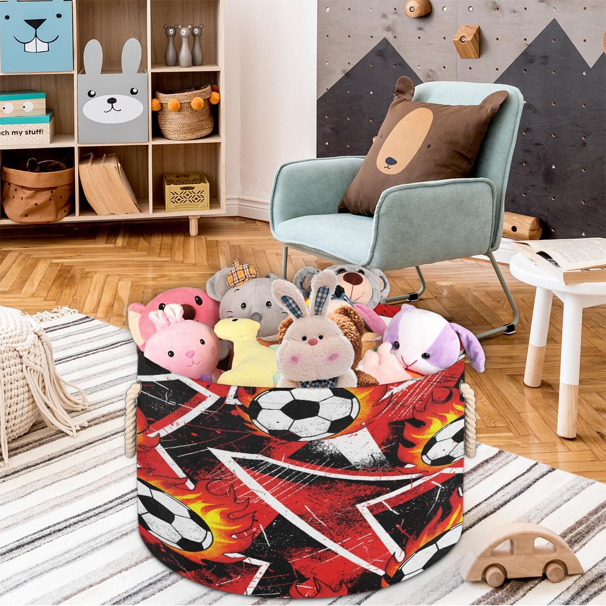 Large Storage Baskets - Red Fire Soccer Nursery Round Collapsible Organizer Bin Box, Laundry Hamper for Kids Toys, Blanket, Bedroom Living Room Home Decor, Gift Basket, 19.4"x13.3"