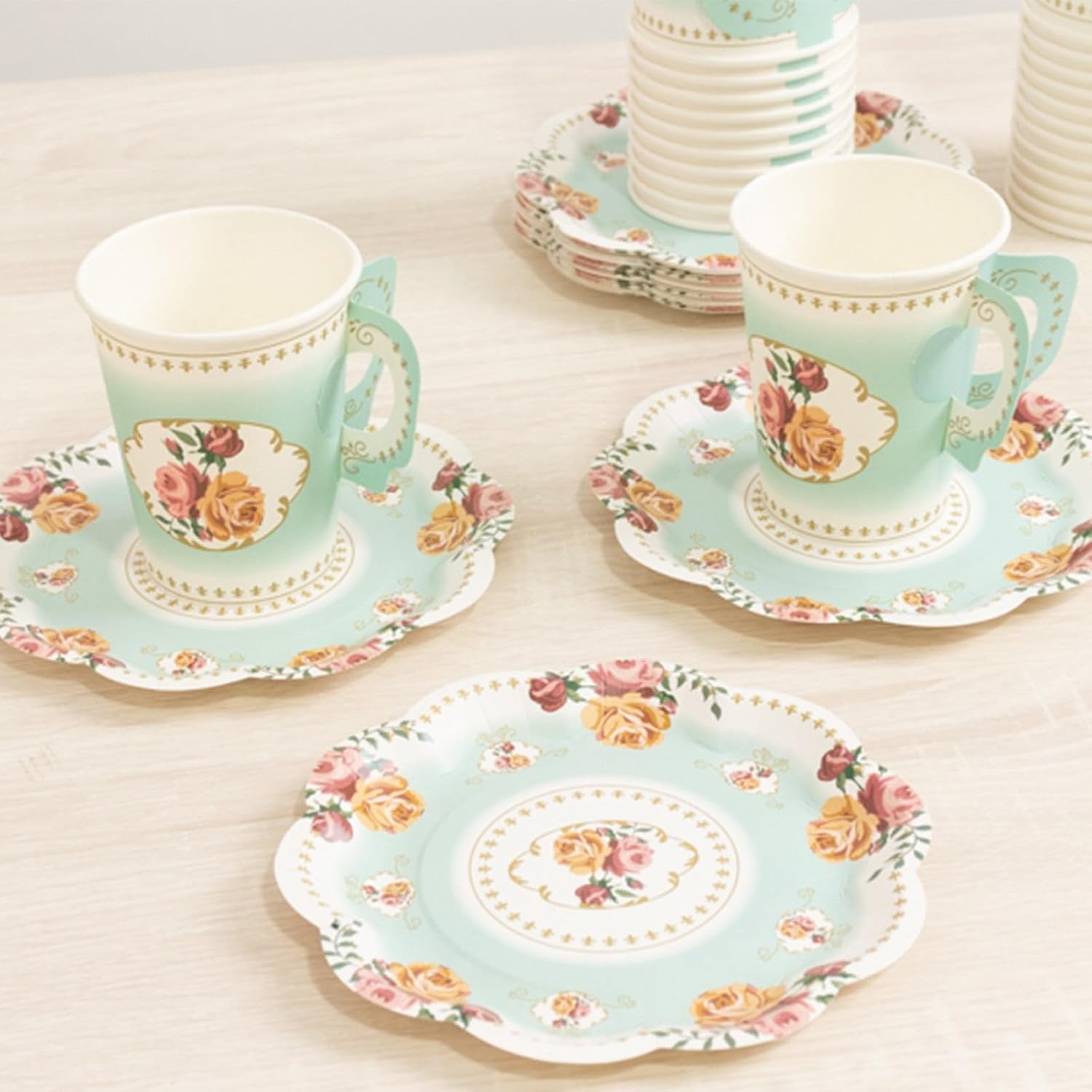 Efavormart Set of 25 Turquoise Tea Party Paper Cups and Saucers, 9oz Vintage Rose Floral Cups and 6" Plates for Whimsical Birthday Parties and Tea Decor