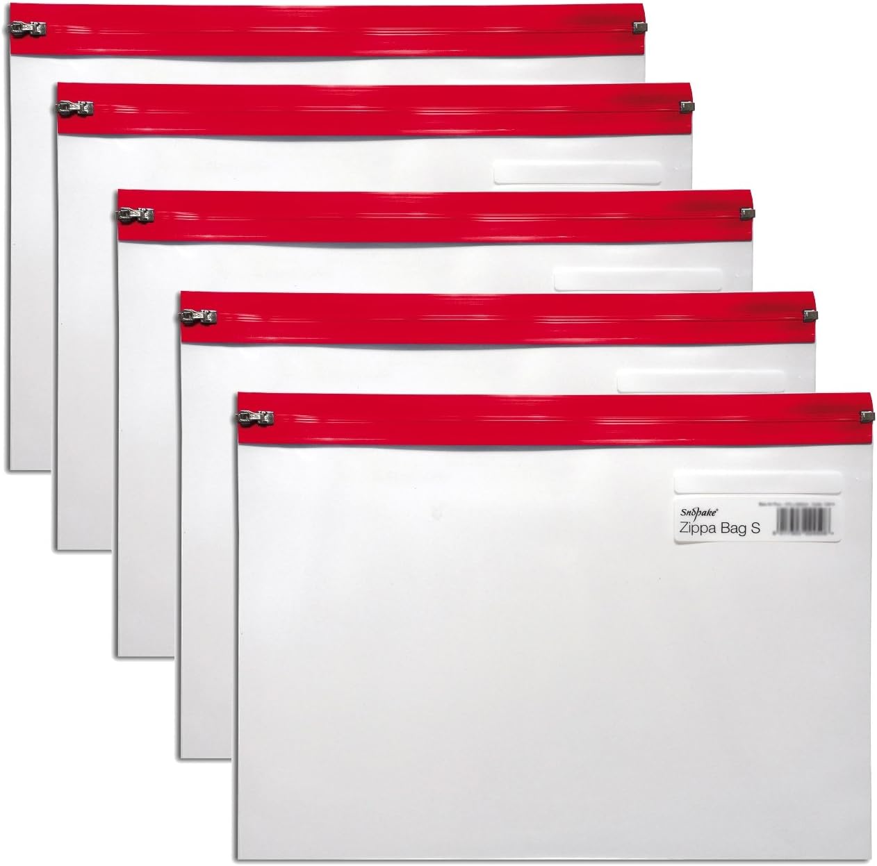 A4 Plus Zippa-Bag ‘S’ Classic with Write-On Label - Zip Strip (Ref: 12805), Transparent/Red, 370 x 260 mm, (Pack of 5)