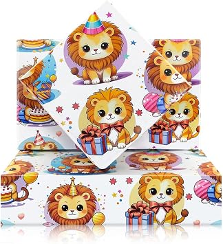 Geluode Lion Wrapping Paper, Cute Lion King Simba With Birthday Hat and Balloon Wrapping Paper, 4 Sheets Folded Flat 20x28Inches Gift Wrap Paper for Birthday Wedding Safari Jungle Party