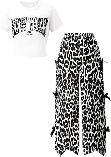 Verdusa Girl's 2 Piece Y2K Leopard Outfits Letter Print Short Sleeve Tee Top and